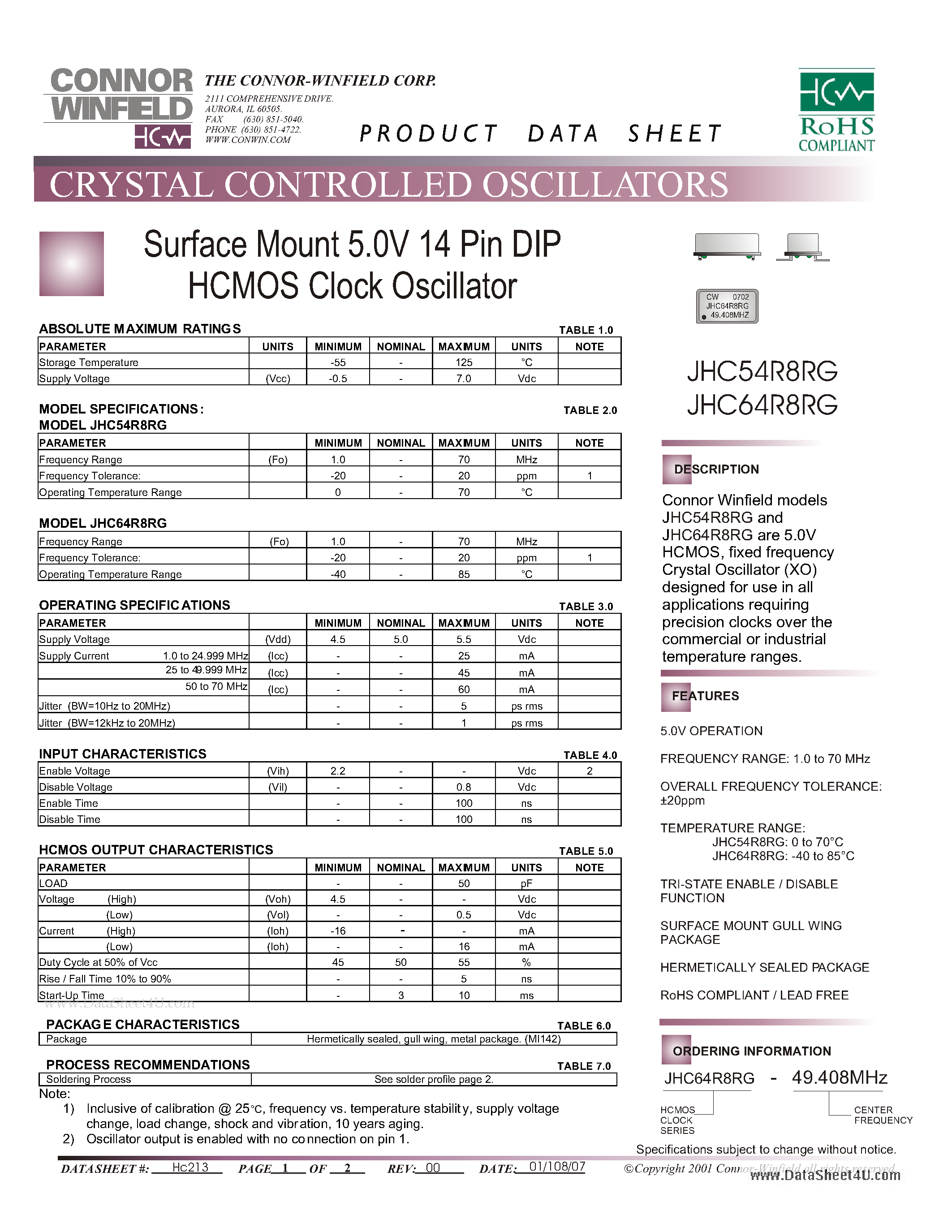 Datasheet JHC54R8RG page 1 Datasheet JHC54R8RG - Surface Mount 5.0V 14 Pin DIP HCMOS Clock Oscillator page 1