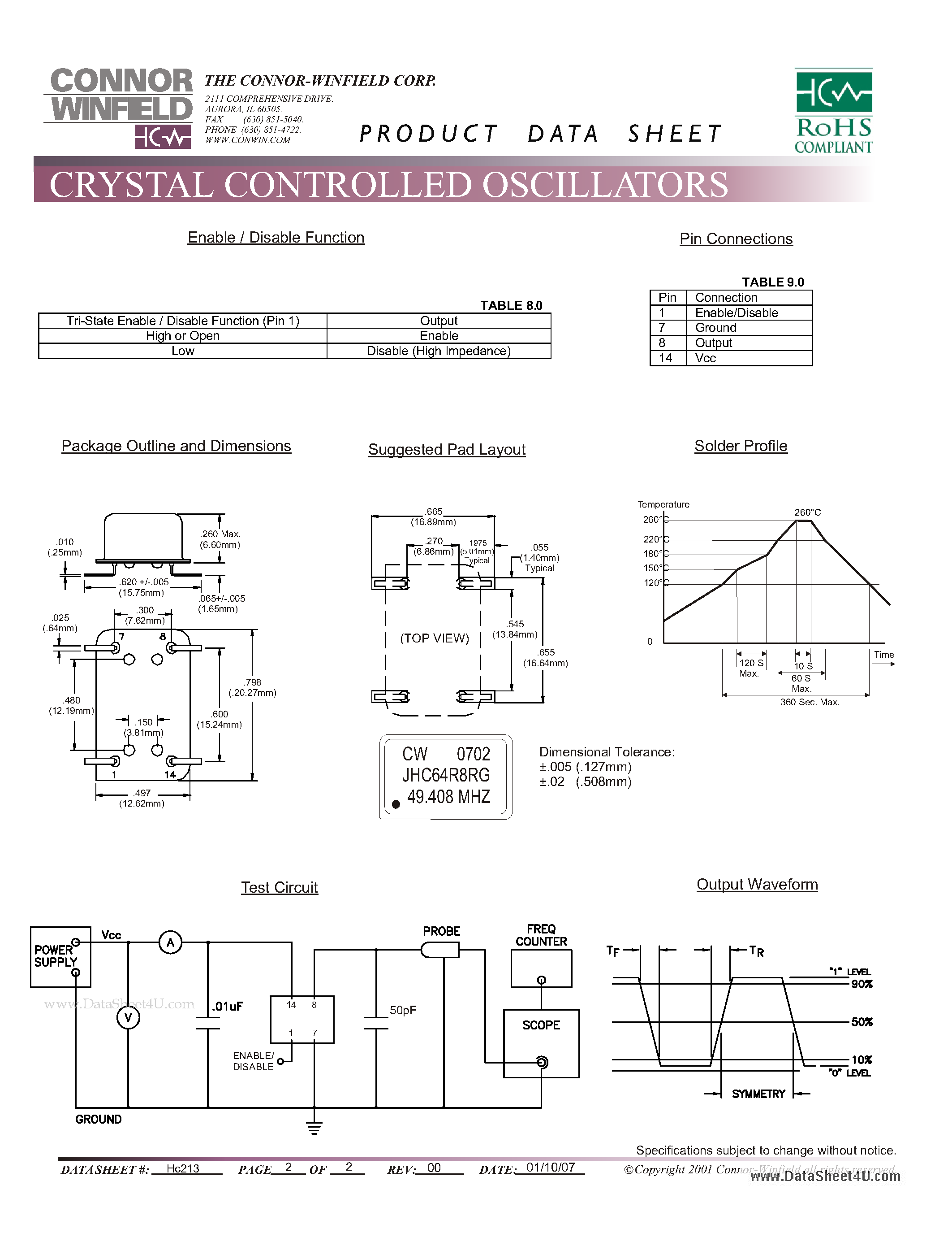 Datasheet JHC54R8RG page 2 Datasheet JHC54R8RG - Surface Mount 5.0V 14 Pin DIP HCMOS Clock Oscillator page 2