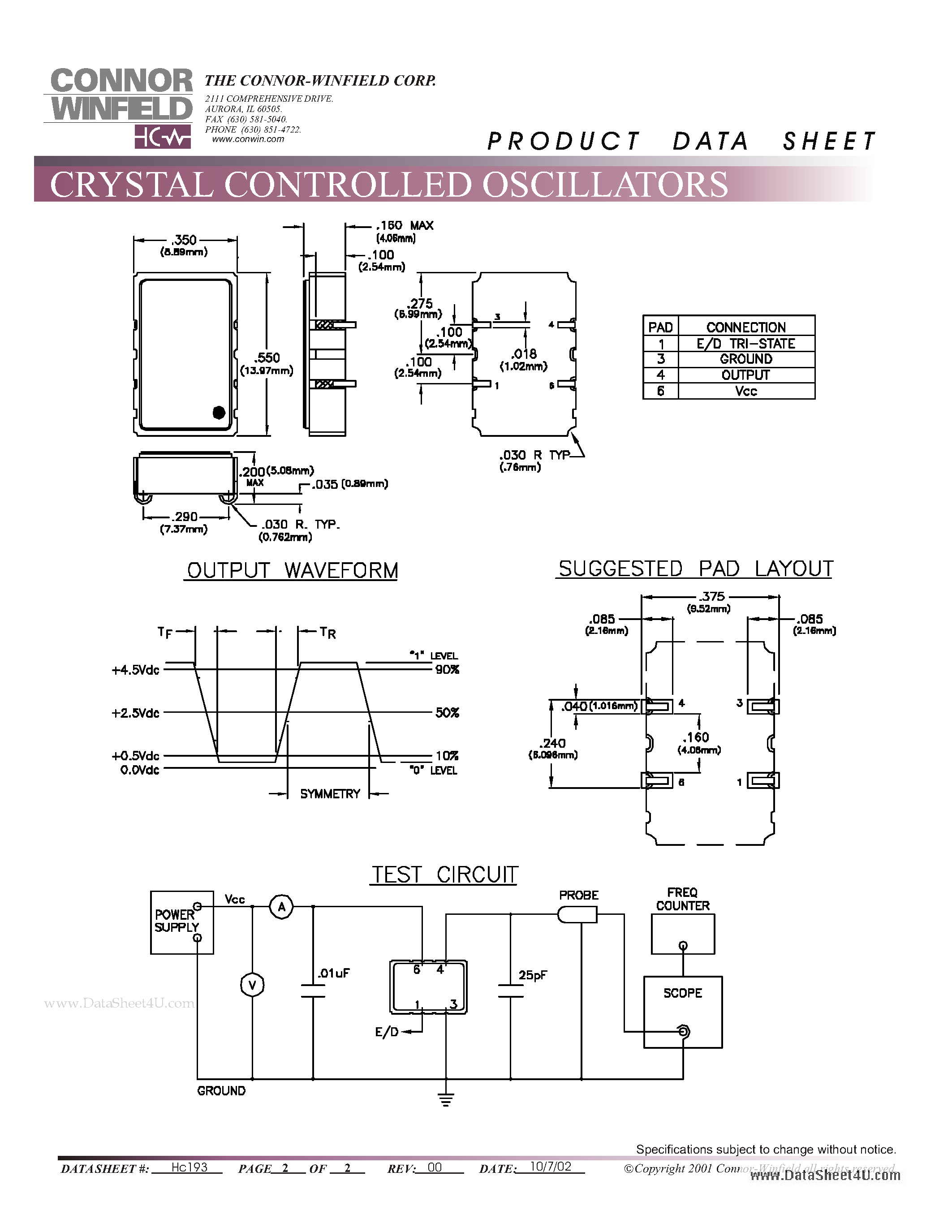 Datasheet MSD534 page 2 Datasheet MSD534 - SURFACE MOUNT J LEADED HCMOS CLOCK OSCILLATOR page 2