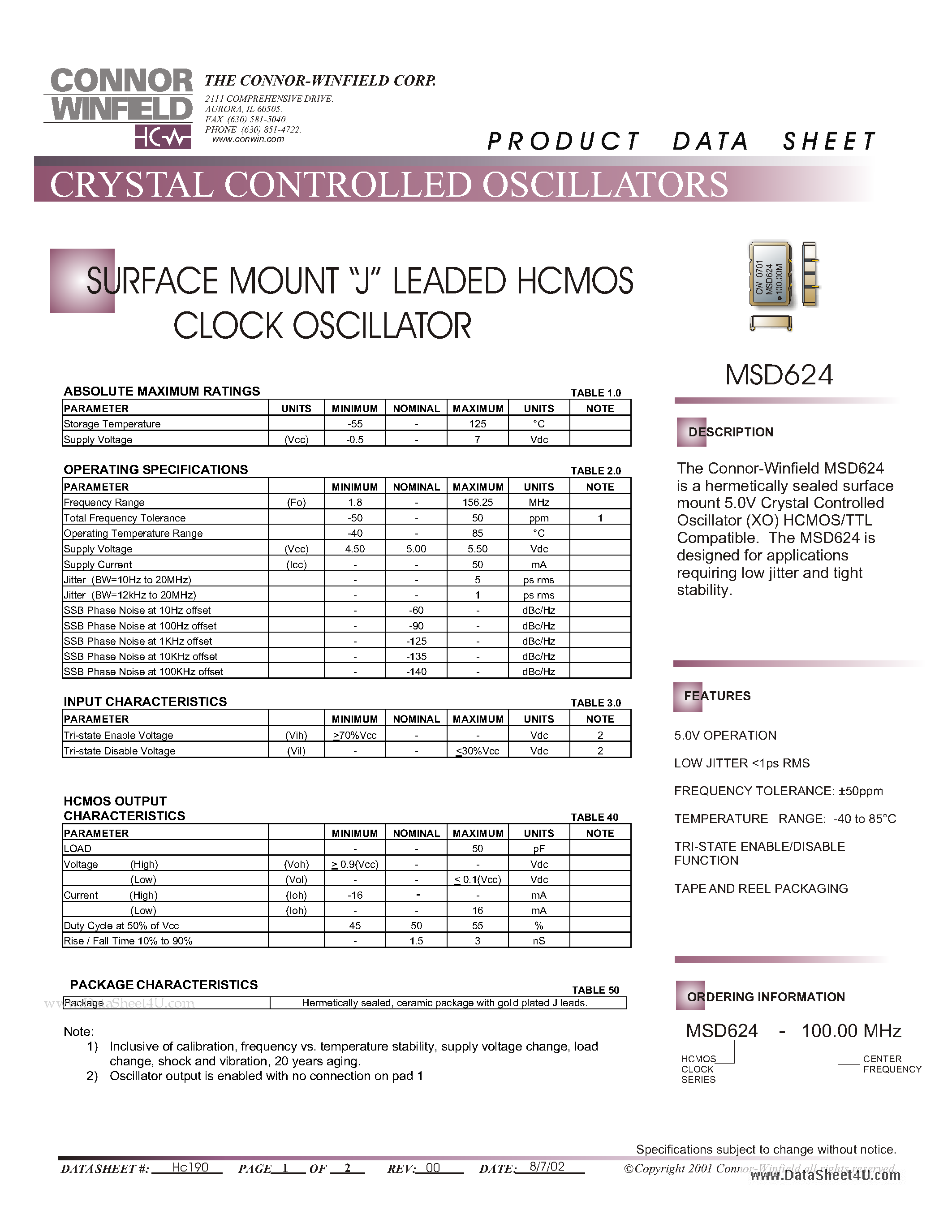 Datasheet MSD624 page 1 Datasheet MSD624 - SURFACE MOUNT J LEADED HCMOS CLOCK OSCILLATOR page 1