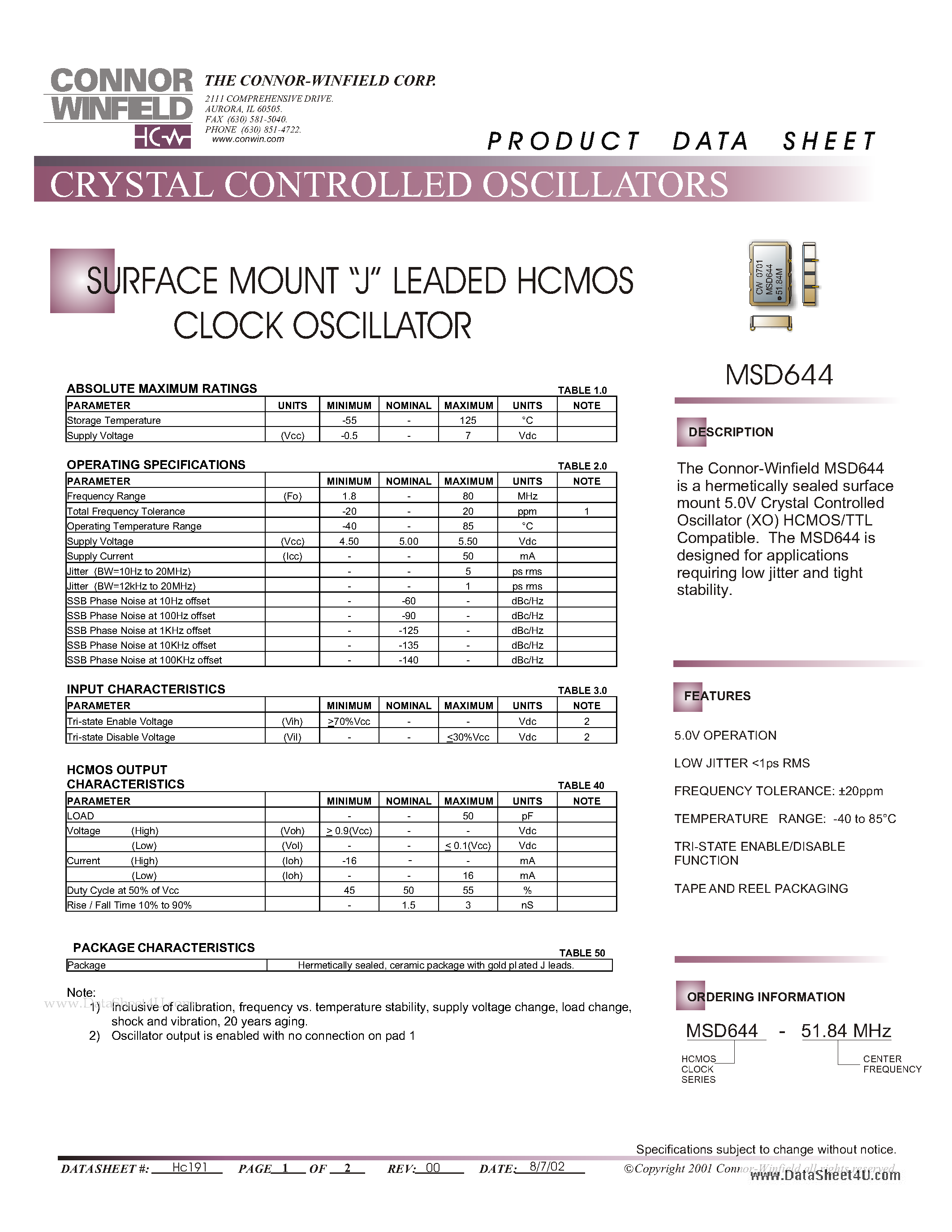 Datasheet MSD644 - SURFACE MOUNT J LEADED HCMOS CLOCK OSCILLATOR page 1