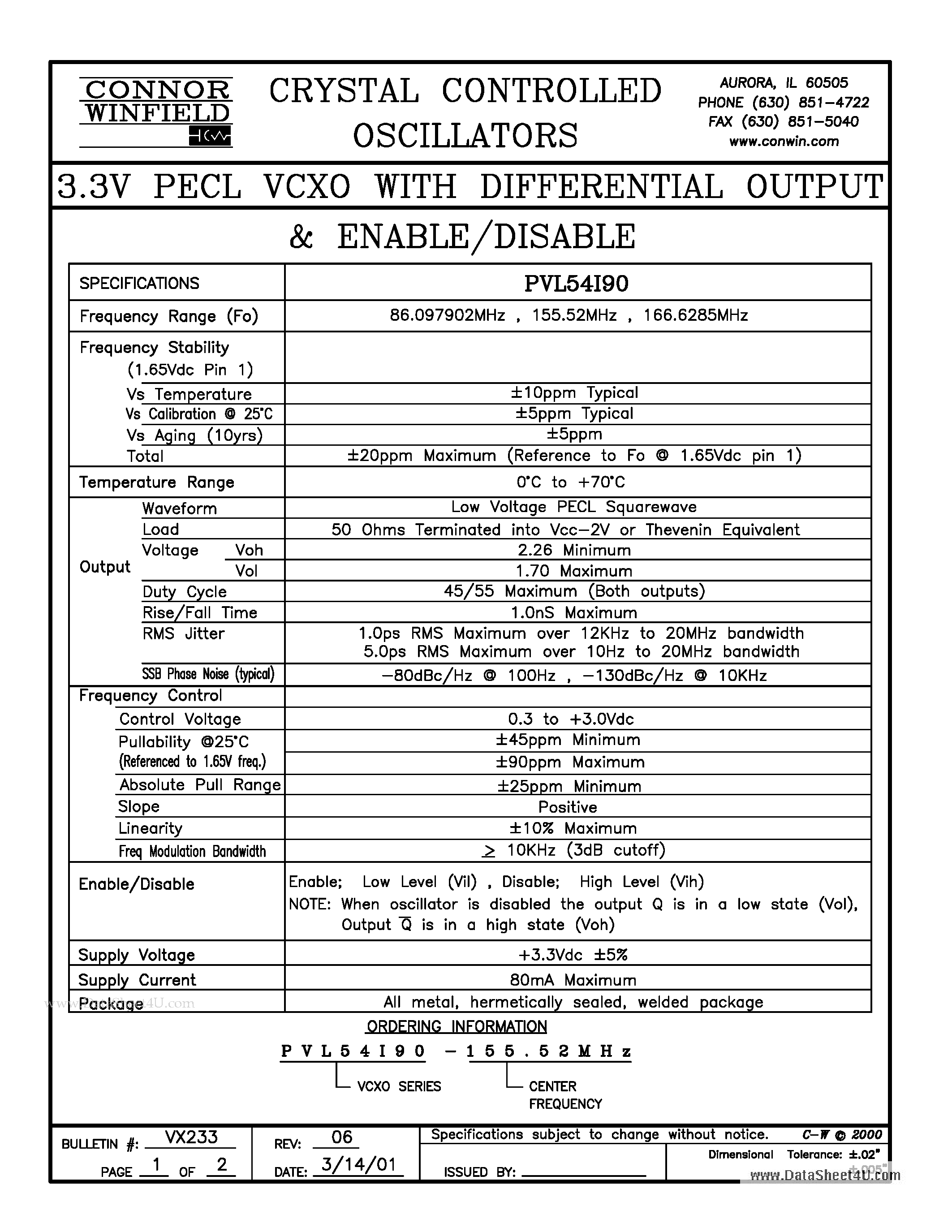 Datasheet PVL54I90 - 3.3V PECL VCXO page 1