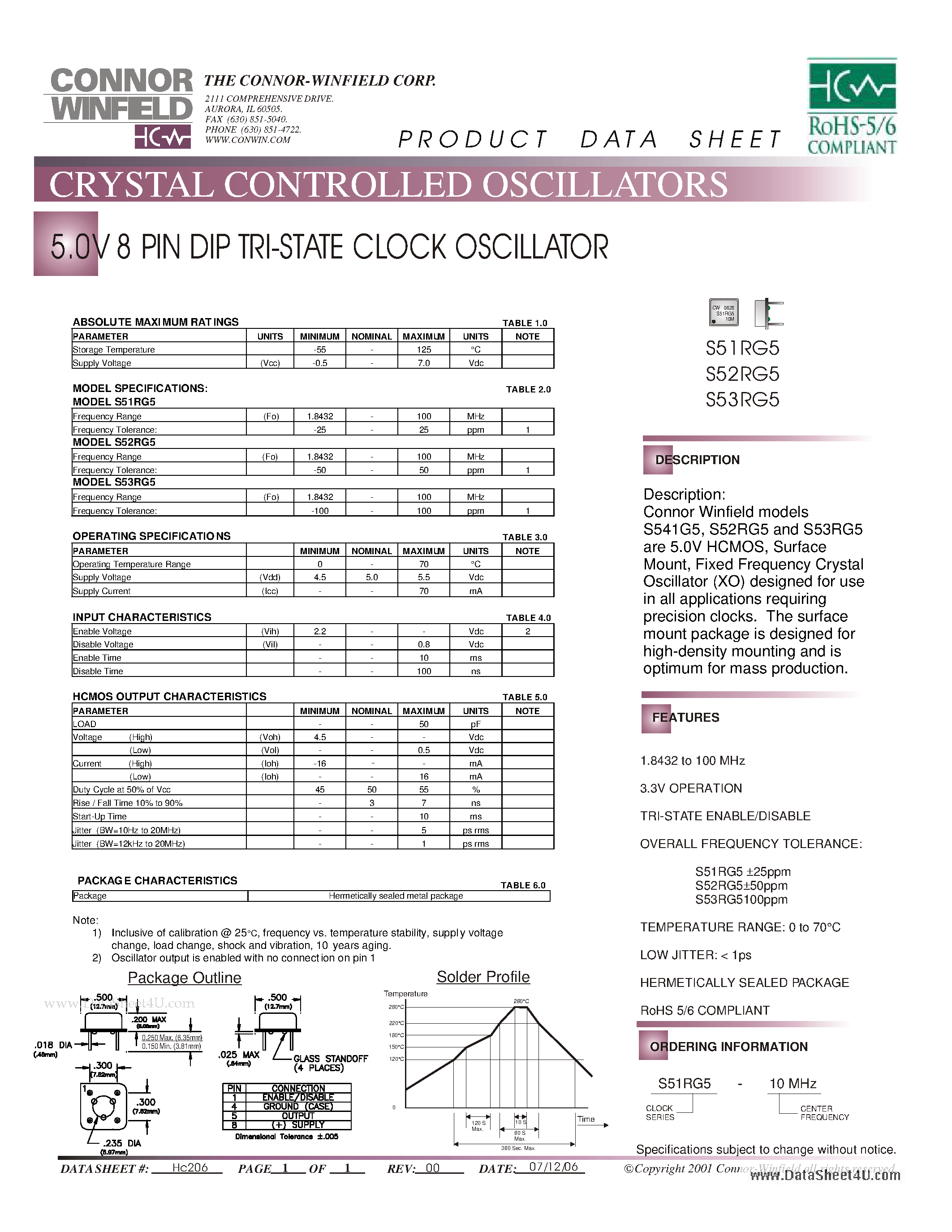 Datasheet S51RG5 - 5.0V 8 PIN DIP TRI-STATE CLOCK OSCILLATOR page 1