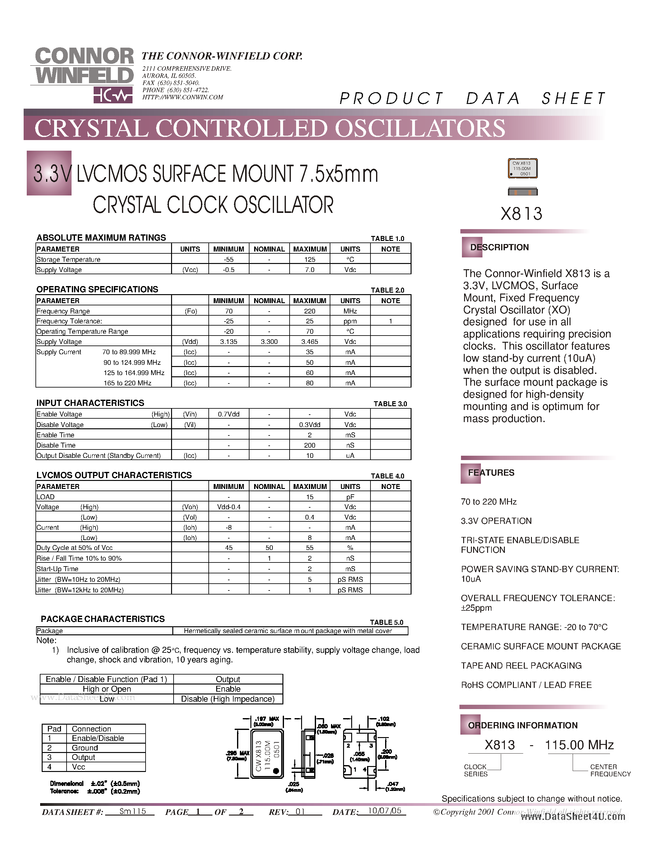 Даташит X813 - 3.3V LVCMOS SURFACE MOUNT 7.5x5mm CRYSTAL CLOCK OSCILLATOR страница 1