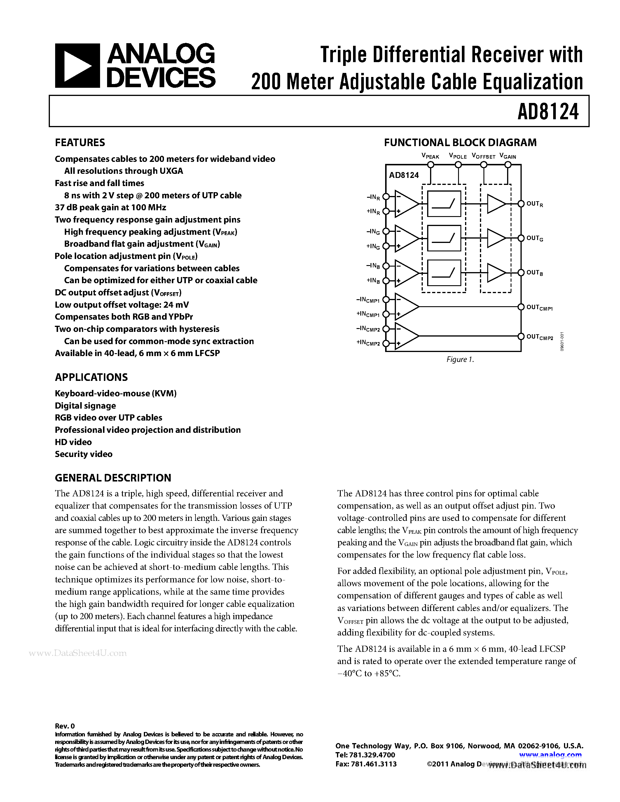 Datasheet AD8124 - Triple Differential Receiver page 1