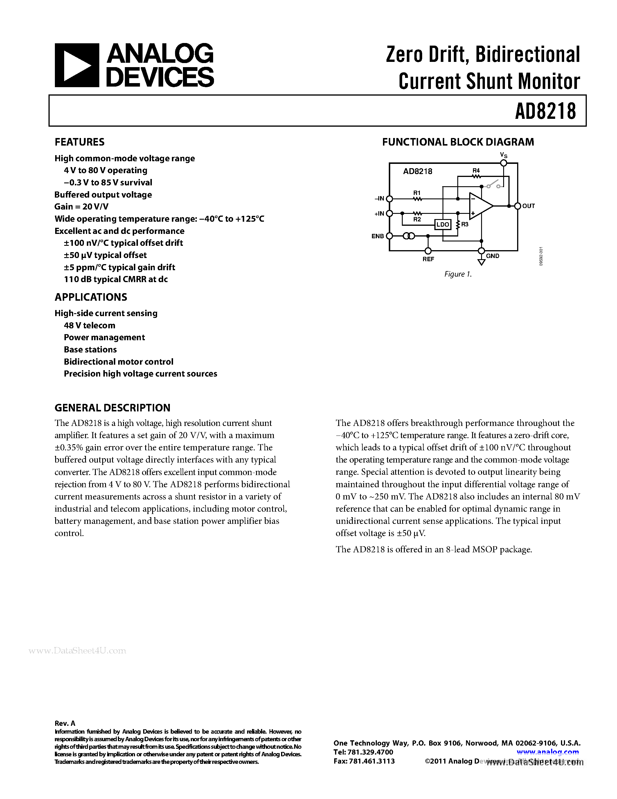Datasheet AD8128 - Zero Drift / Bidirectional Current Shunt Monitor page 1