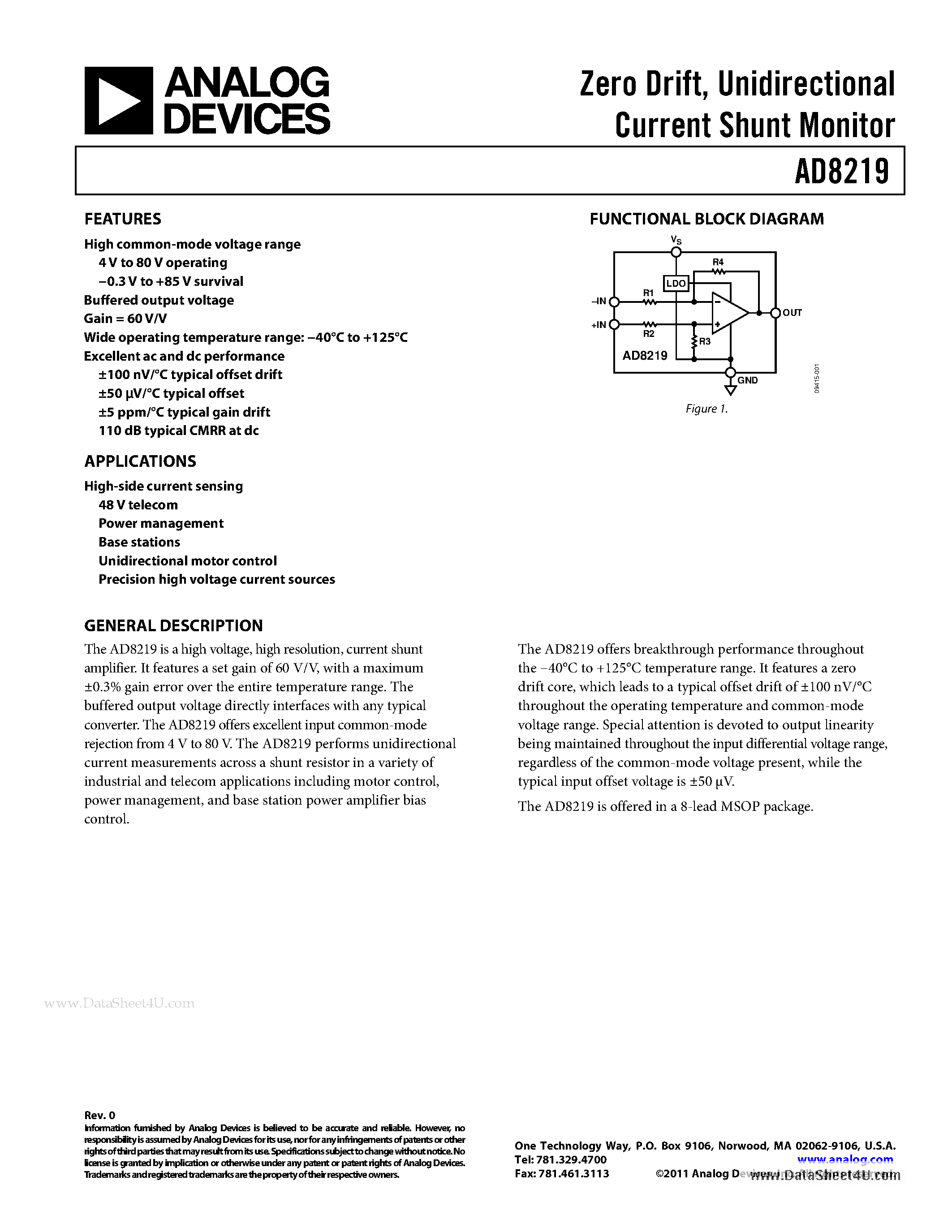 Datasheet AD8129 - Zero Drift / Unidirectional Current Shunt Monitor page 1
