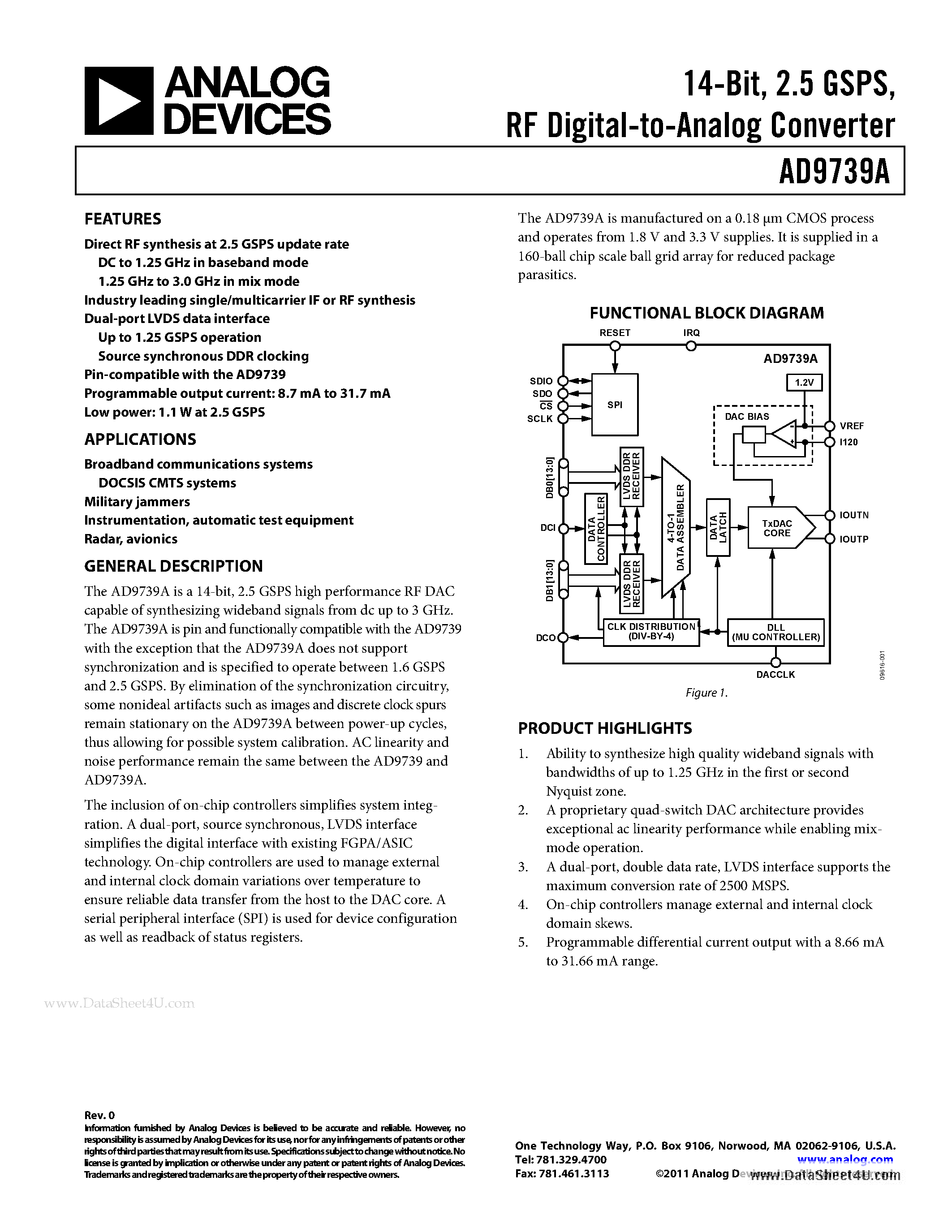 Datasheet AD9739A page 1 Datasheet AD9739A - 14-Bit 2.5 GSPS / RF Digital-to-Analog Converter page 1
