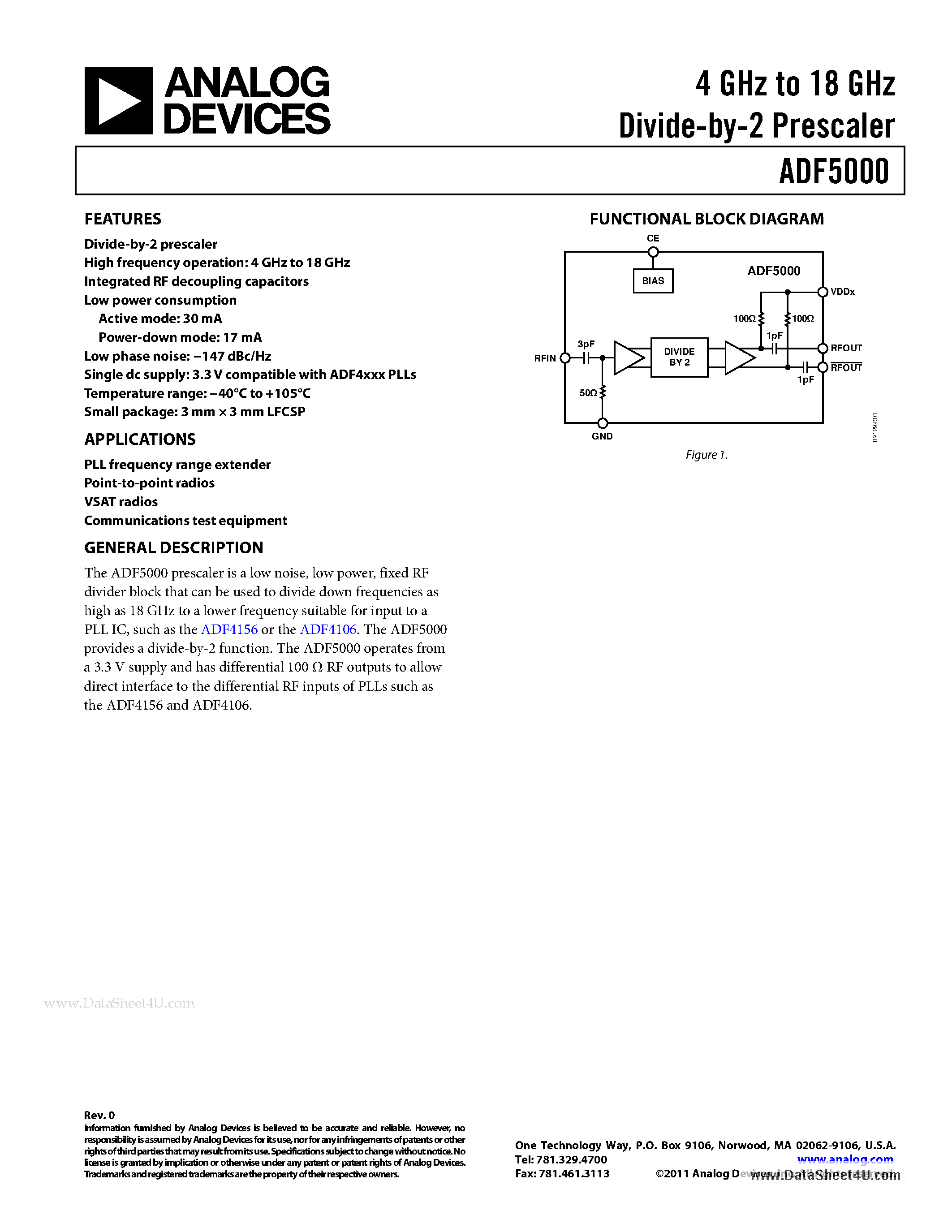 Datasheet ADF5000 page 1 Datasheet ADF5000 - 4 GHz to 18 GHz Divide-by-2 Prescaler page 1