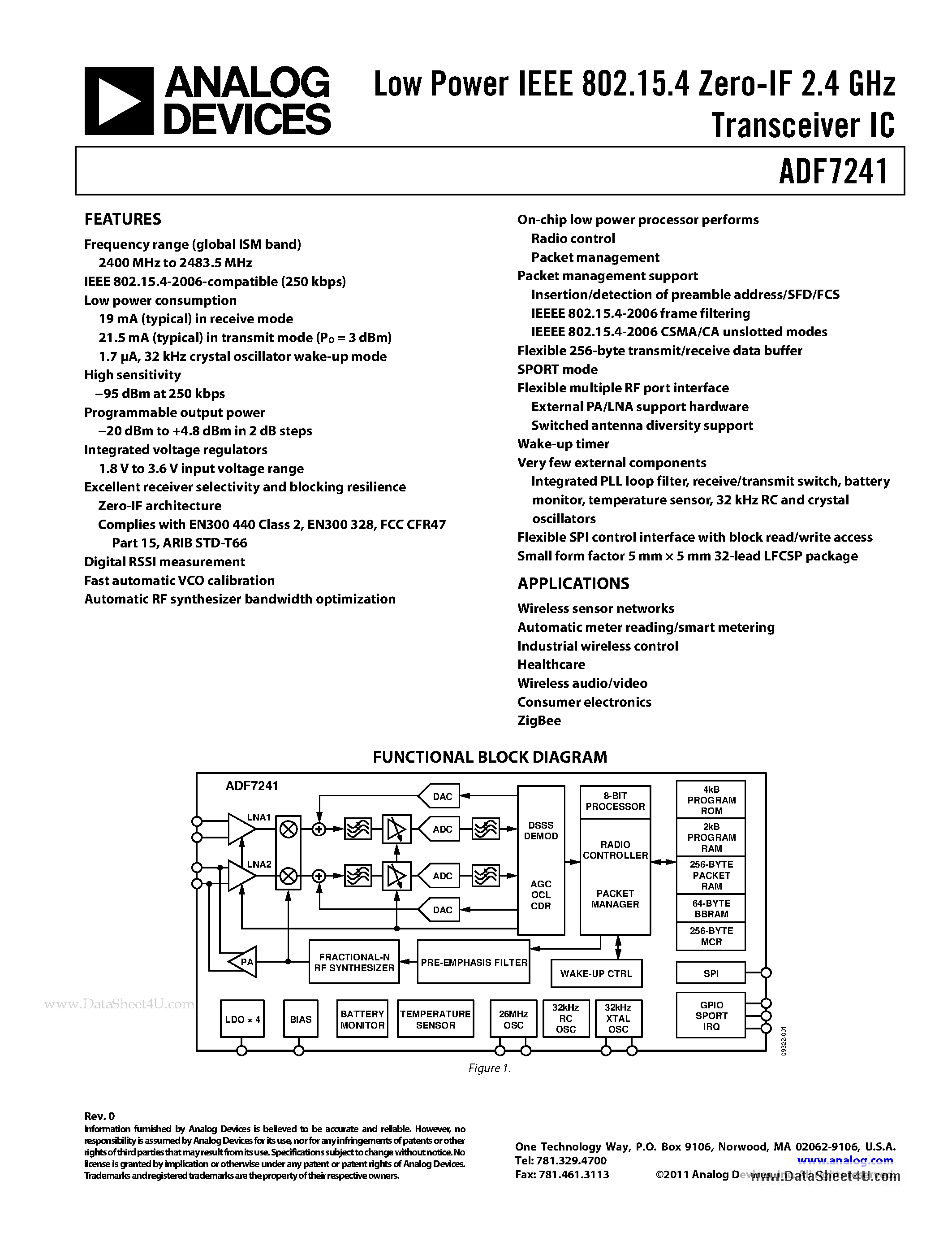 Даташит ADF7241 - Low Power IEEE 802.15.4 Zero-IF 2.4 GHz Transceiver IC страница 1