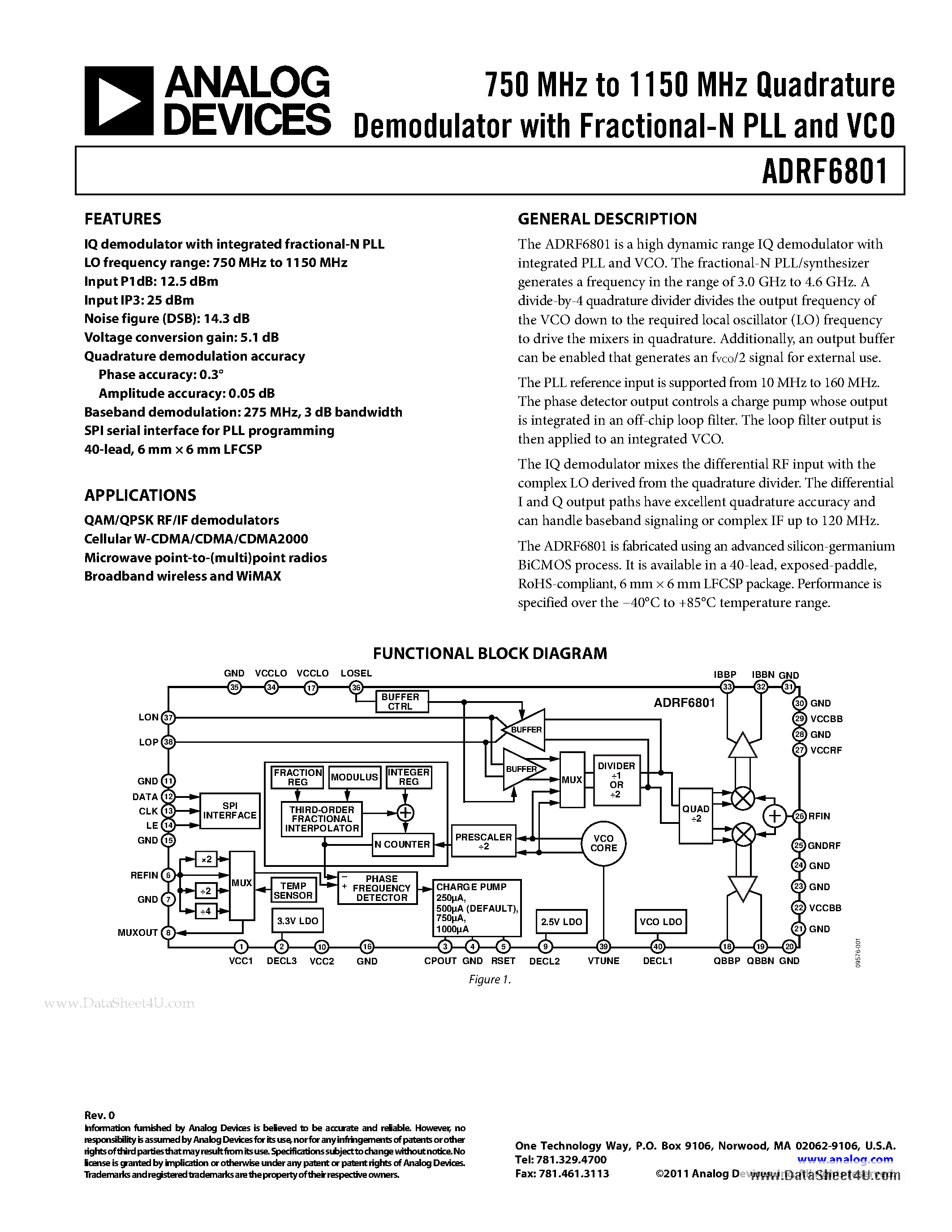 Datasheet ADRF6801 page 1 Datasheet ADRF6801 - 750 MHz to 1150 MHz Quadrature Demodulator page 1