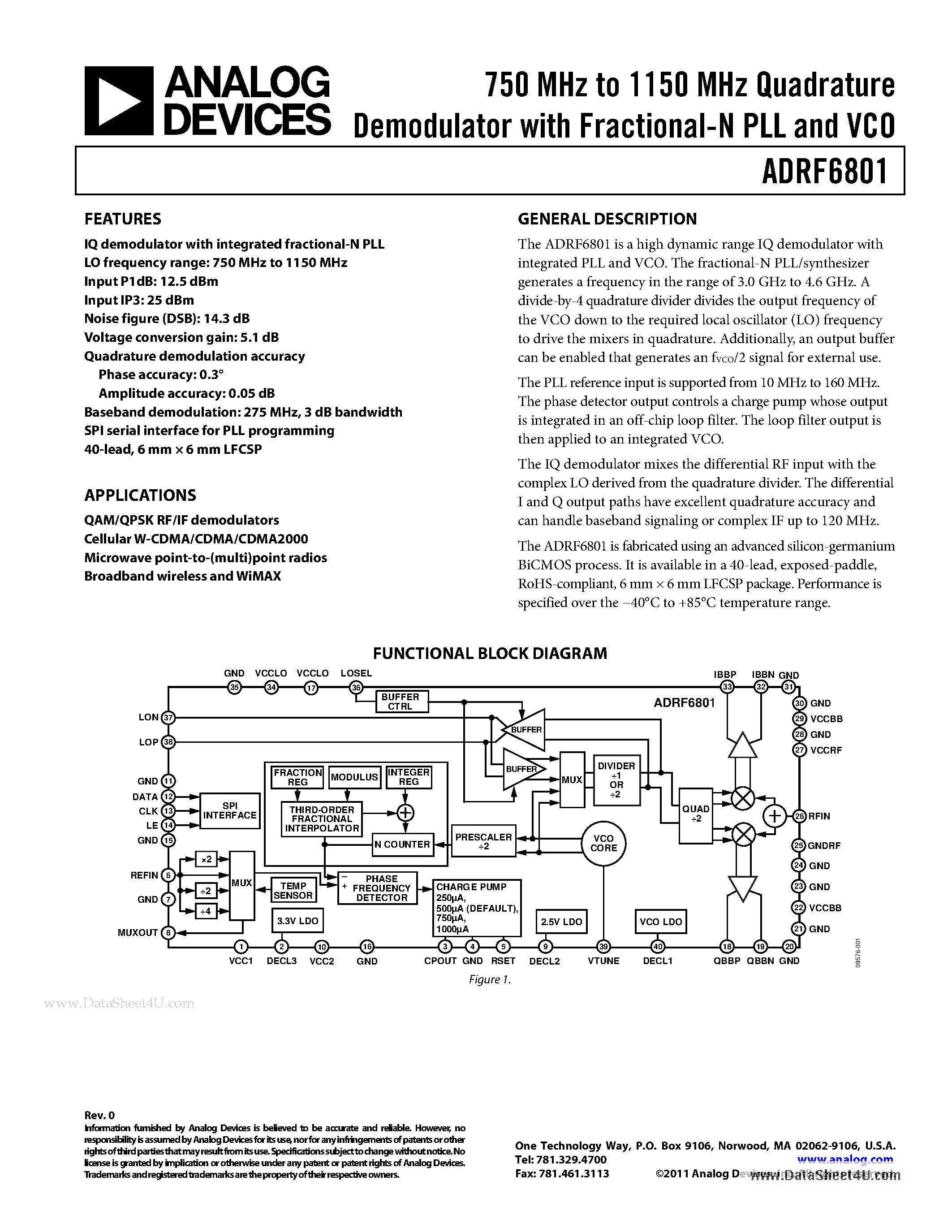 Datasheet ADRF6801 - 750 MHz to 1150 MHz Quadrature Demodulator page 1