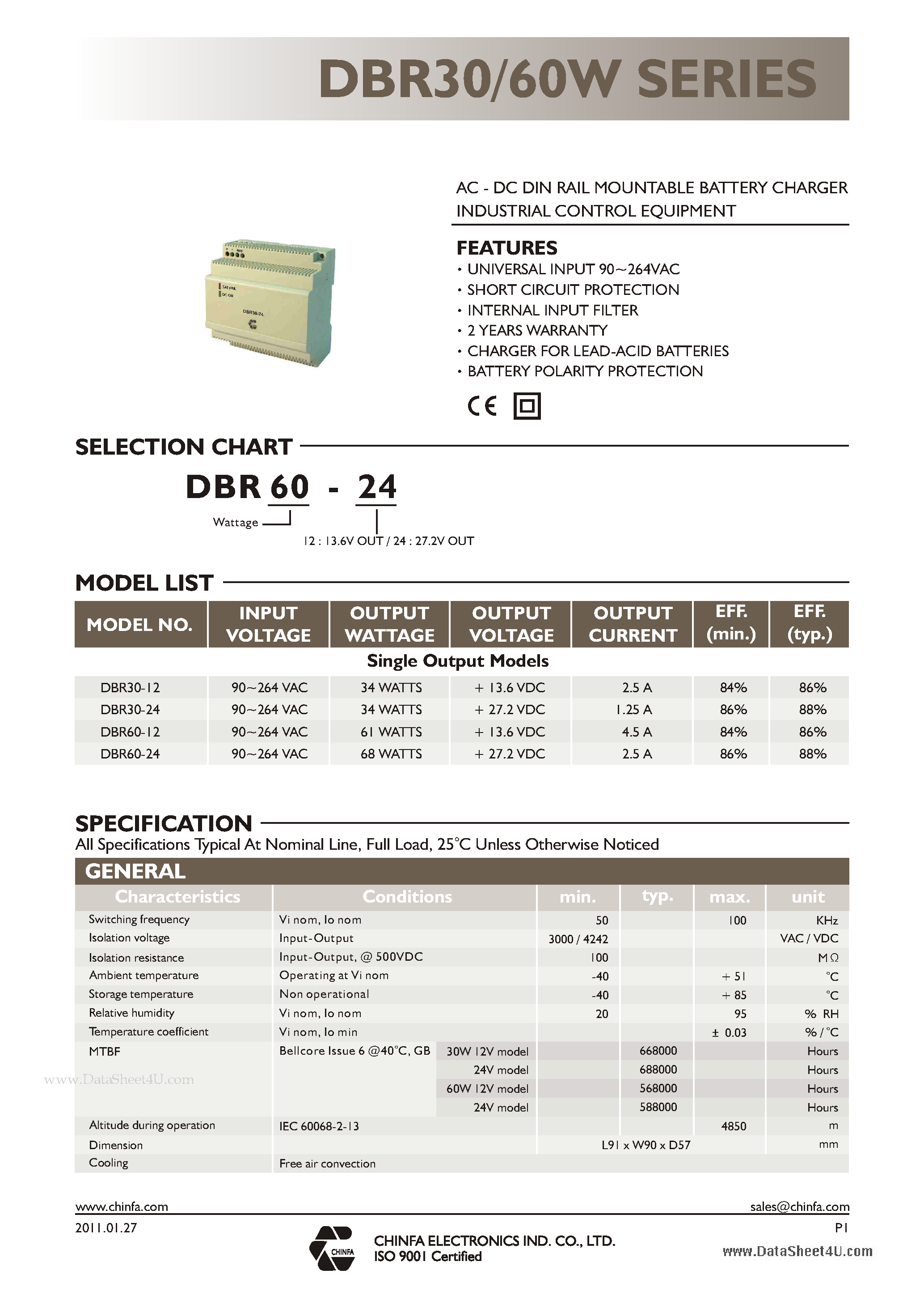 Datasheet DBR30 - AC - DC DIN RAIL MOUNTABLE BATTERY CHARGER INDUSTRIAL CONTROL EQUIPMENT page 1