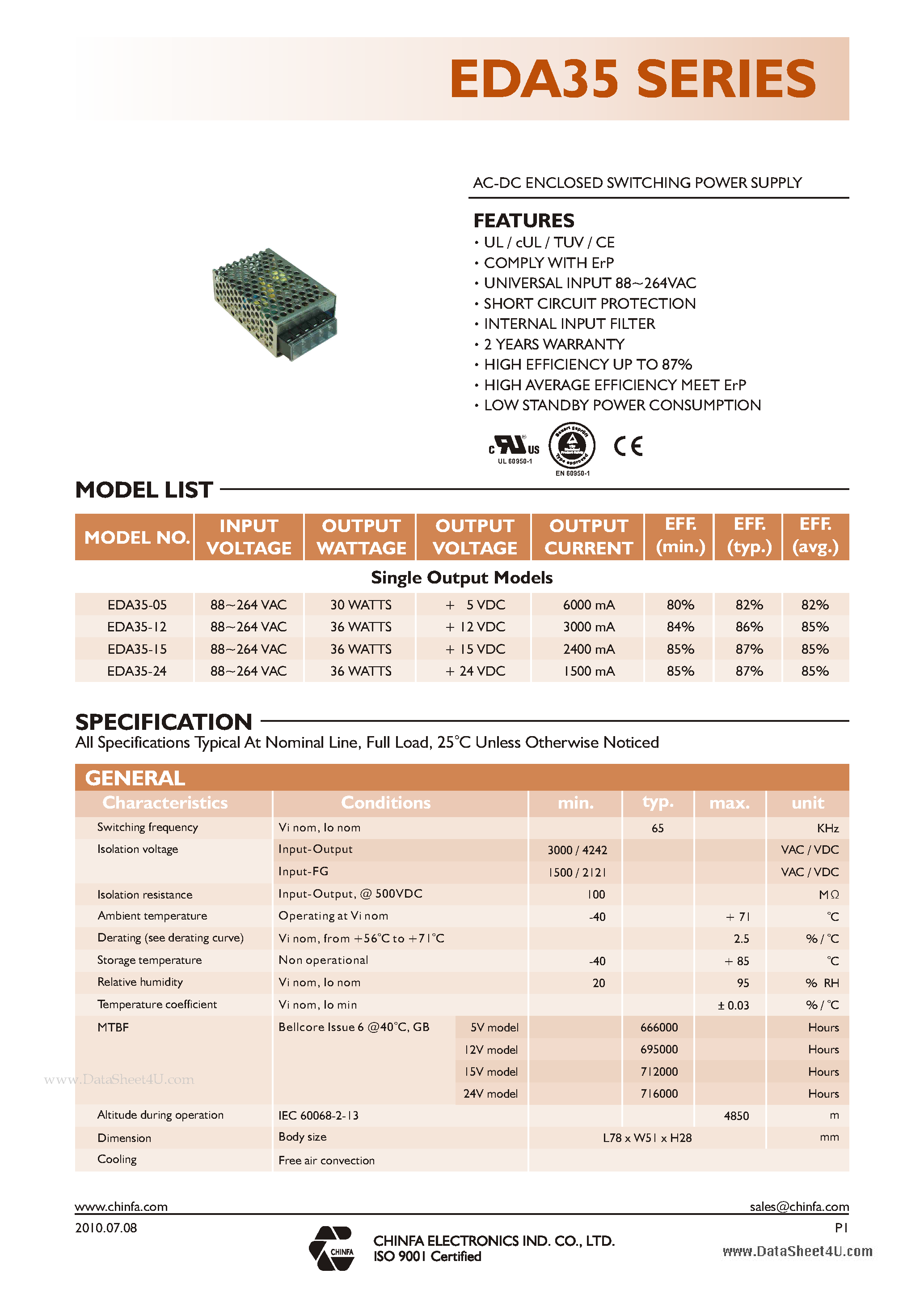 Даташит на микросхему EDA35 страница 1 Даташит EDA35 - AC - DC ENCLOSED SWITCHING POWER SUPPLY страница 1