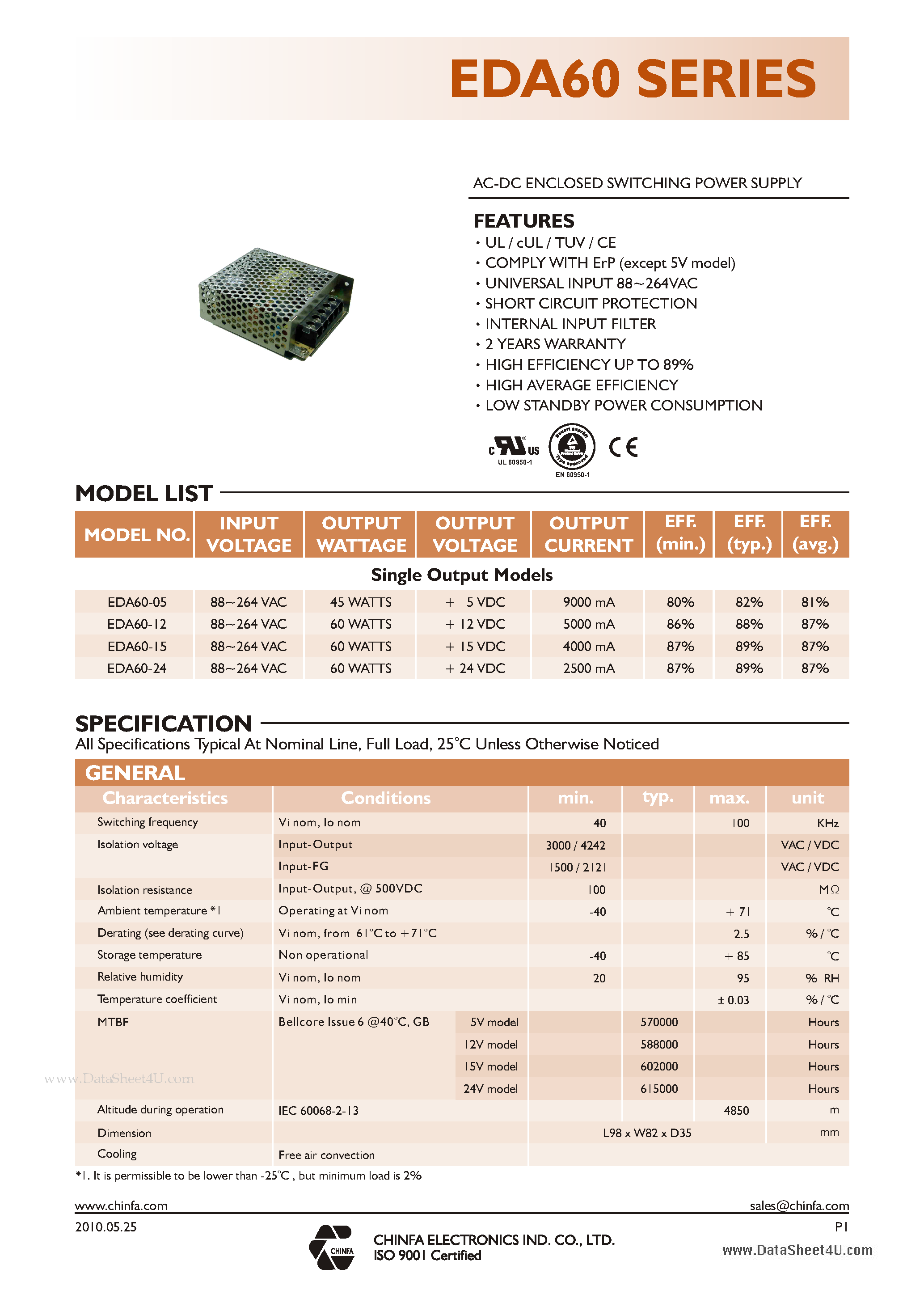 Даташит на микросхему EDA60 страница 1 Даташит EDA60 - AC - DC ENCLOSED SWITCHING POWER SUPPLY страница 1