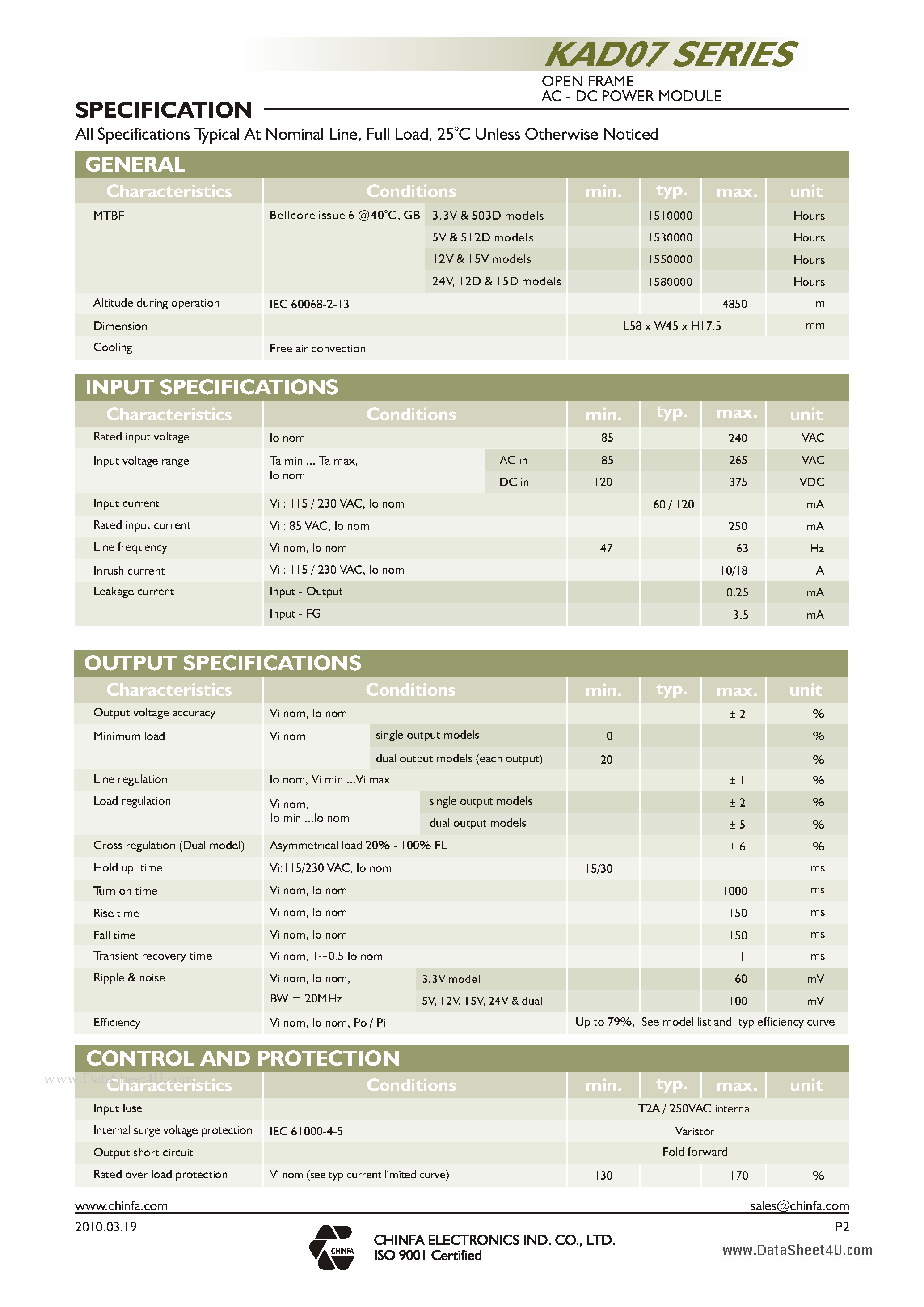 Datasheet KAD07 - OPEN FRAME AC - DC POWER MODULE 6.3 ~ 7.6W UL / cUL / CE page 2