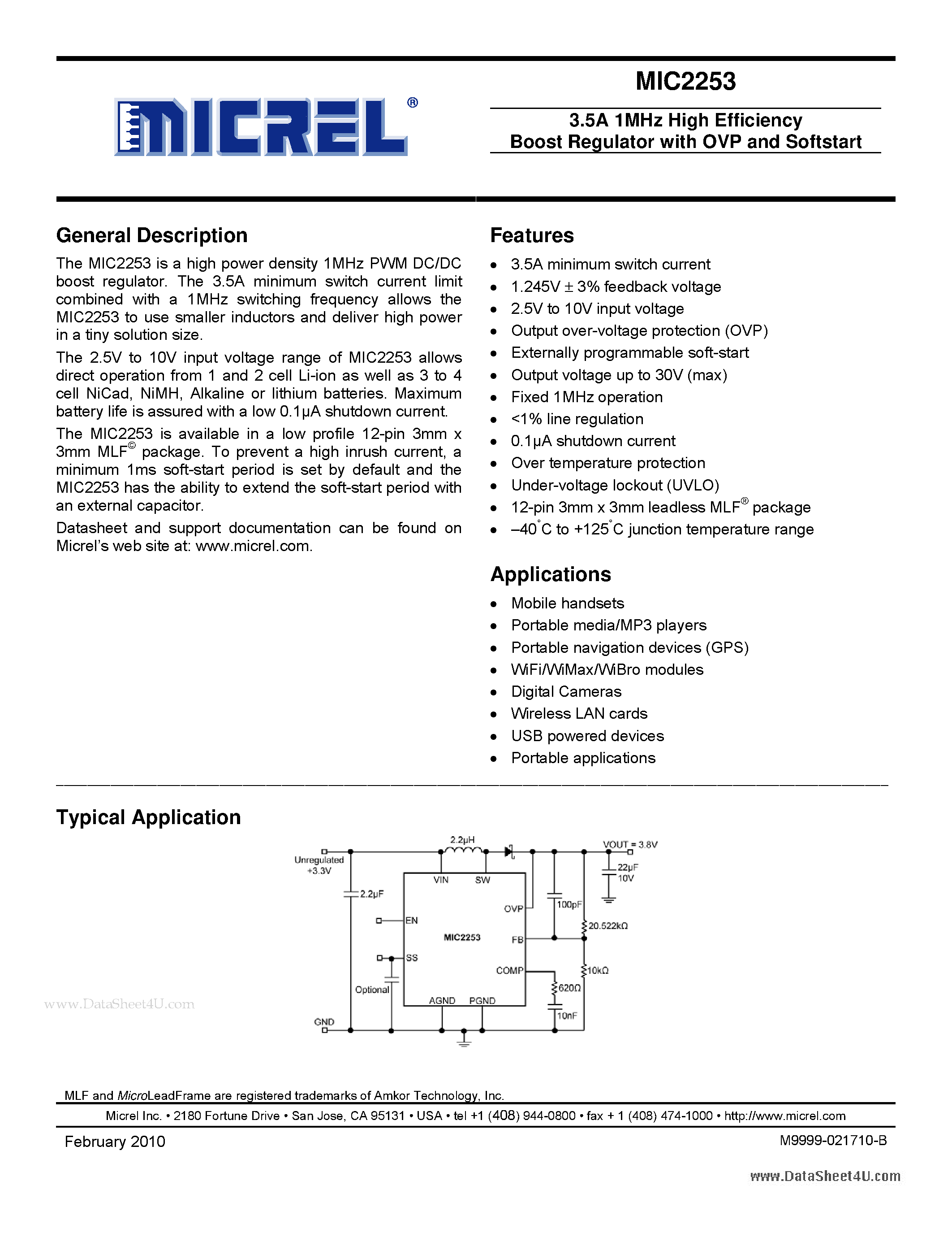 Datasheet MIC2253 - 3.5A 1MHz High Efficiency Boost Regulator page 1