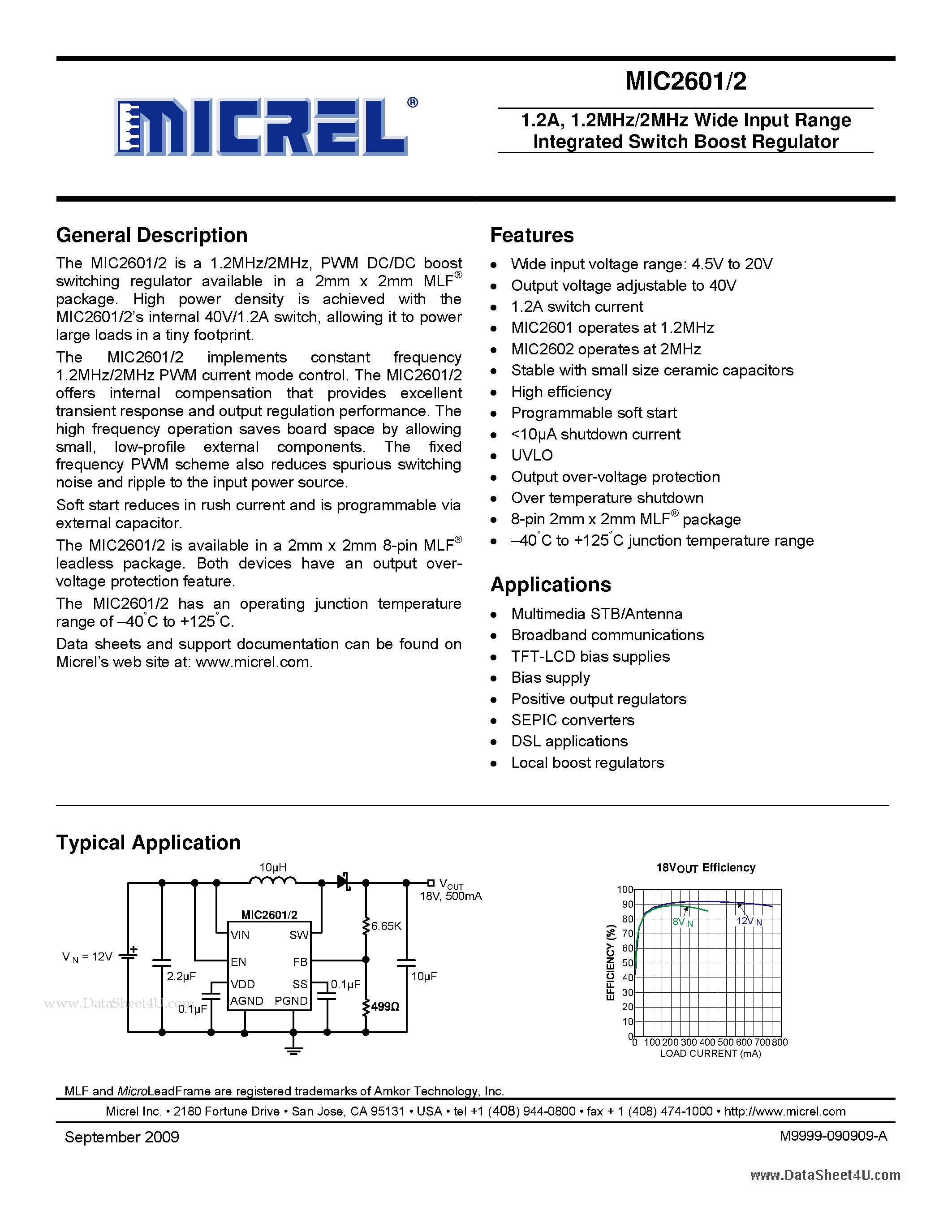 Даташит на микросхему MIC2601 страница 1 Даташит MIC2601 - 1.2A - 1.2MHz/2MHz Wide Input Range Integrated Switch Boost Regulator страница 1