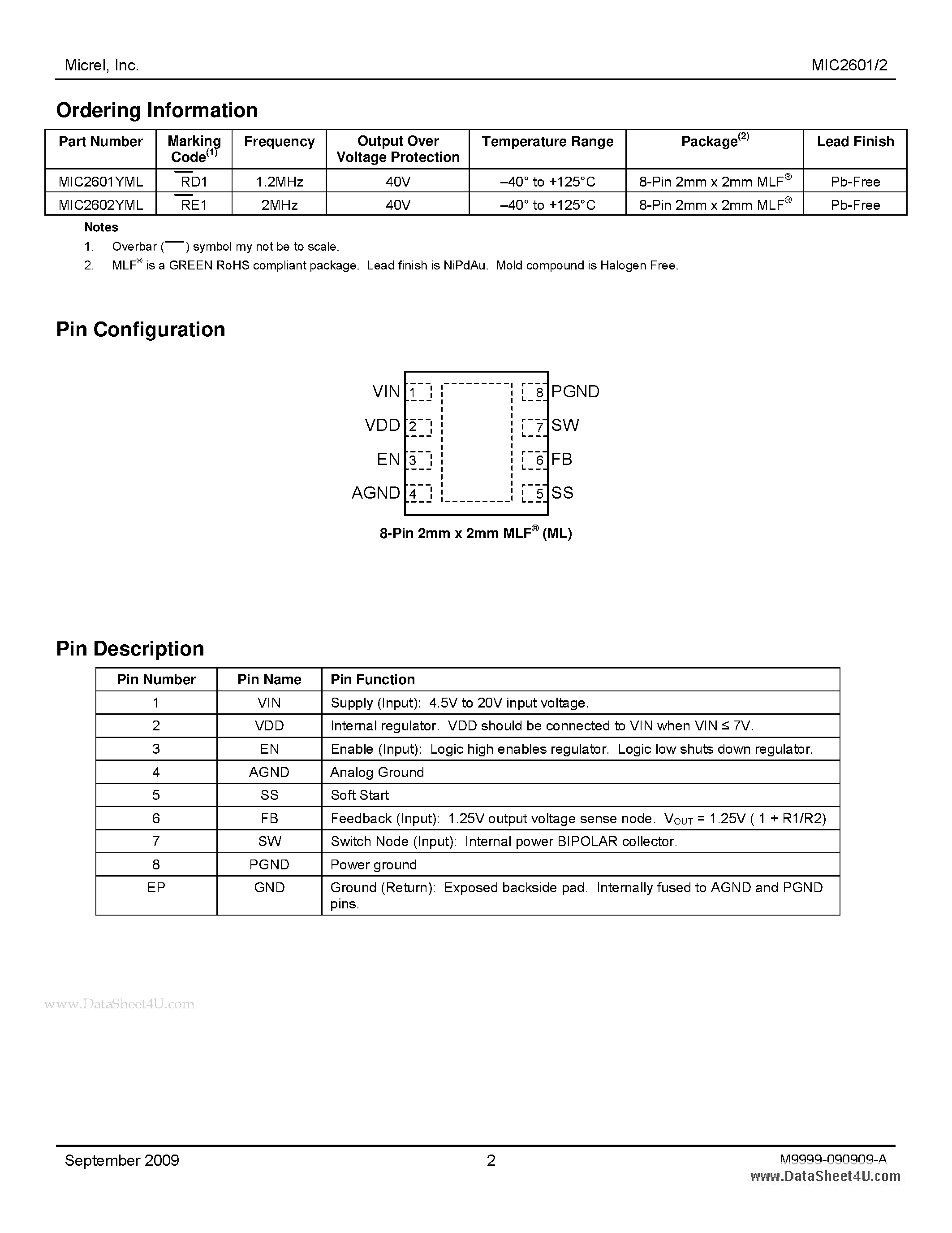 Даташит на микросхему MIC2601 страница 2 Даташит MIC2601 - 1.2A - 1.2MHz/2MHz Wide Input Range Integrated Switch Boost Regulator страница 2
