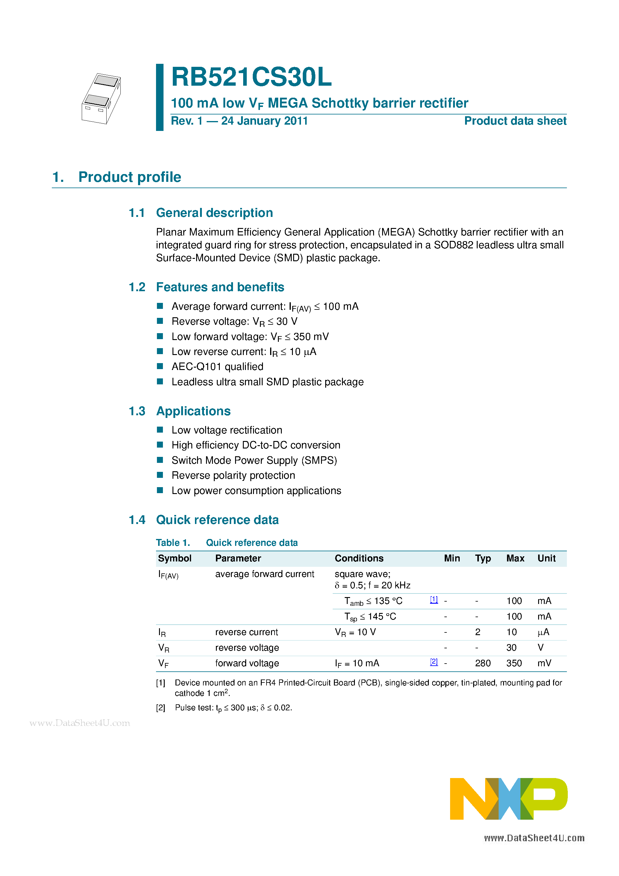 Даташит RB521CS30L - 100 mA low VF MEGA Schottky barrier rectifier страница 1