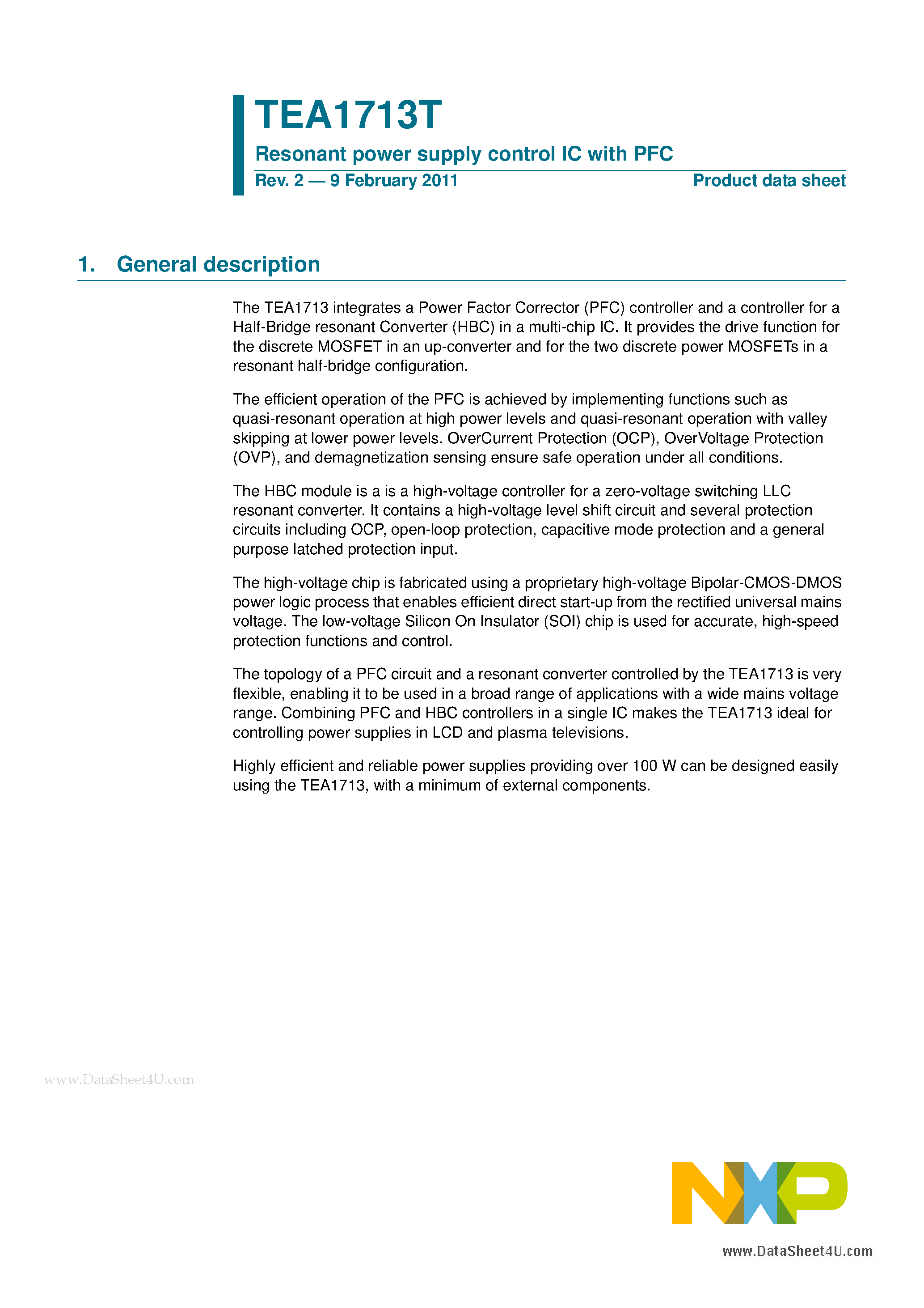 Datasheet TEA1713T - Resonant power supply control IC page 1
