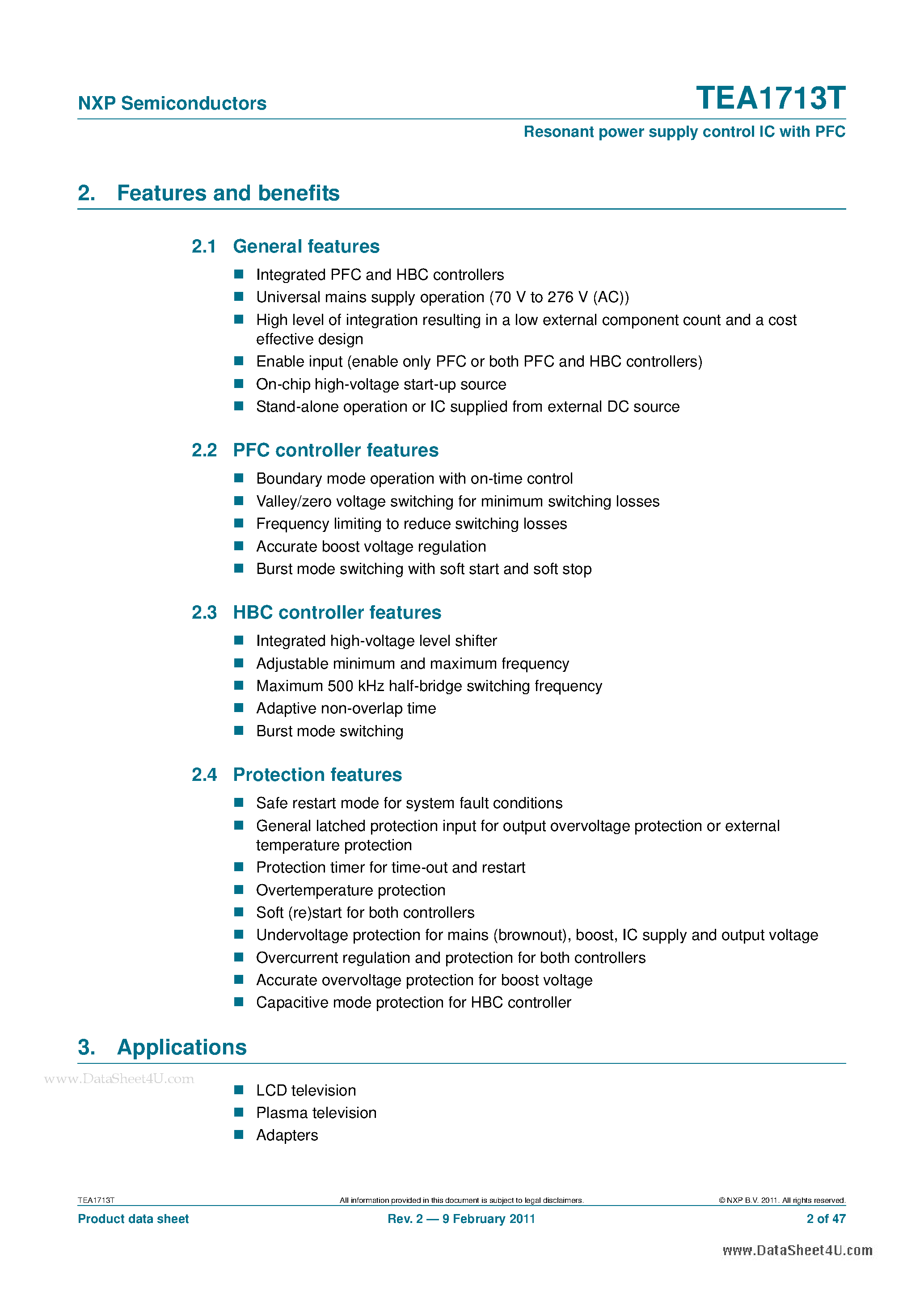 Datasheet TEA1713T - Resonant power supply control IC page 2