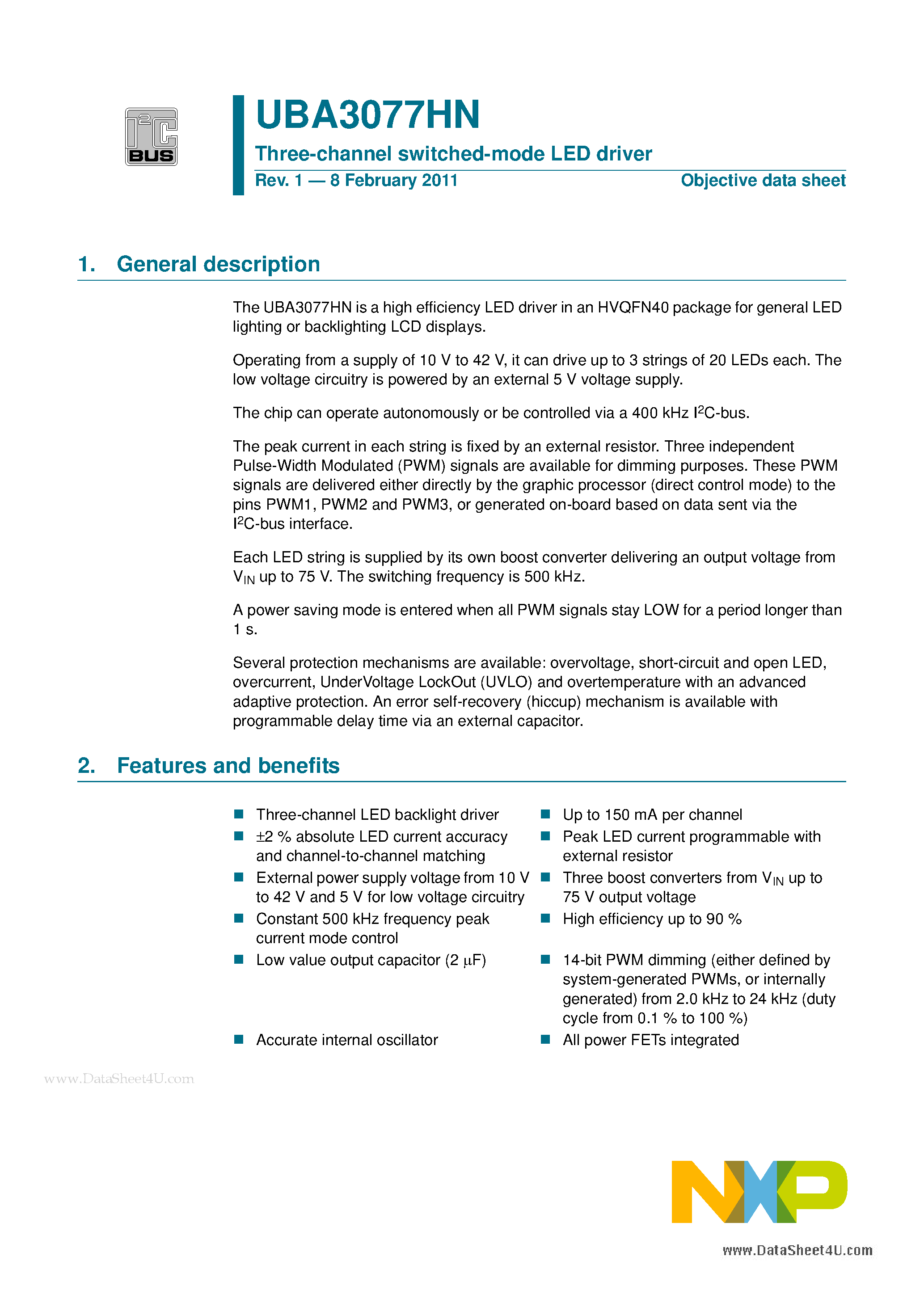 Datasheet UBA3077HN - Three-channel switched-mode LED driver page 1