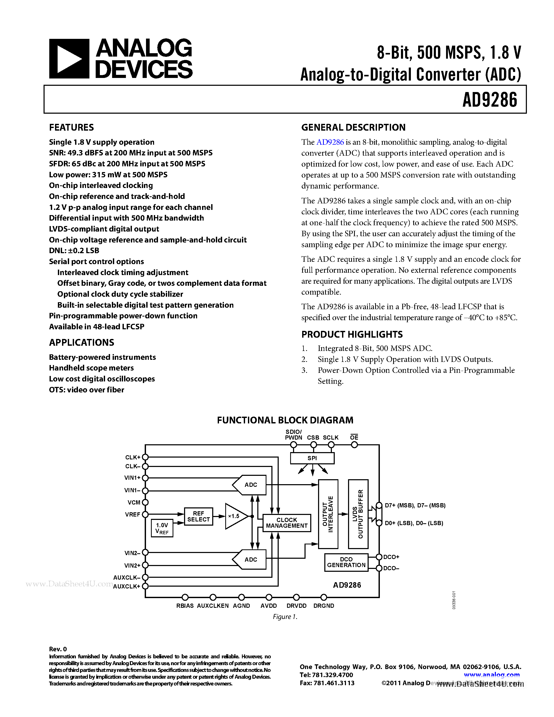 Datasheet AD9286 page 1 Datasheet AD9286 - 1.8 V Dual Analog-to-Digital Converter (ADC) page 1