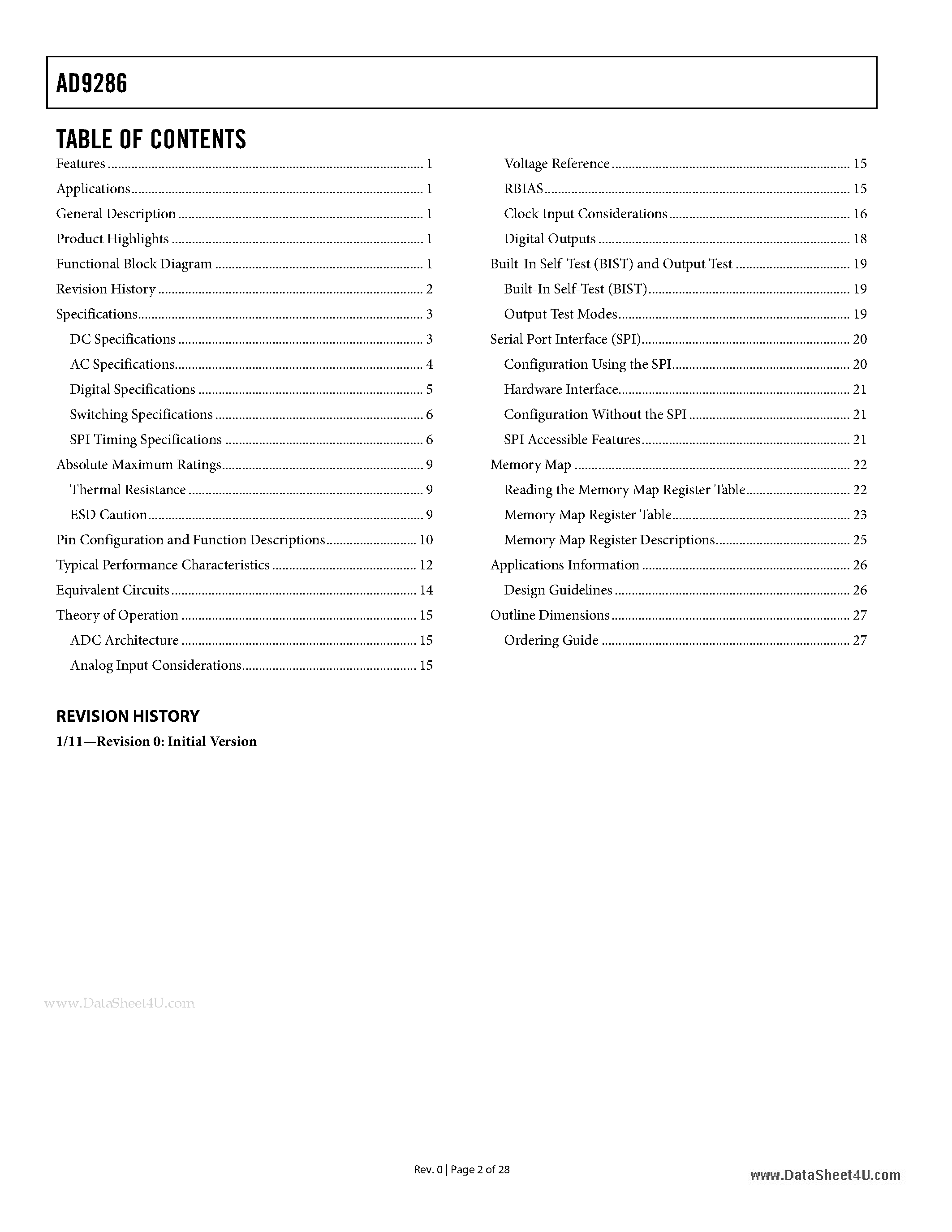 Datasheet AD9286 page 2 Datasheet AD9286 - 1.8 V Dual Analog-to-Digital Converter (ADC) page 2
