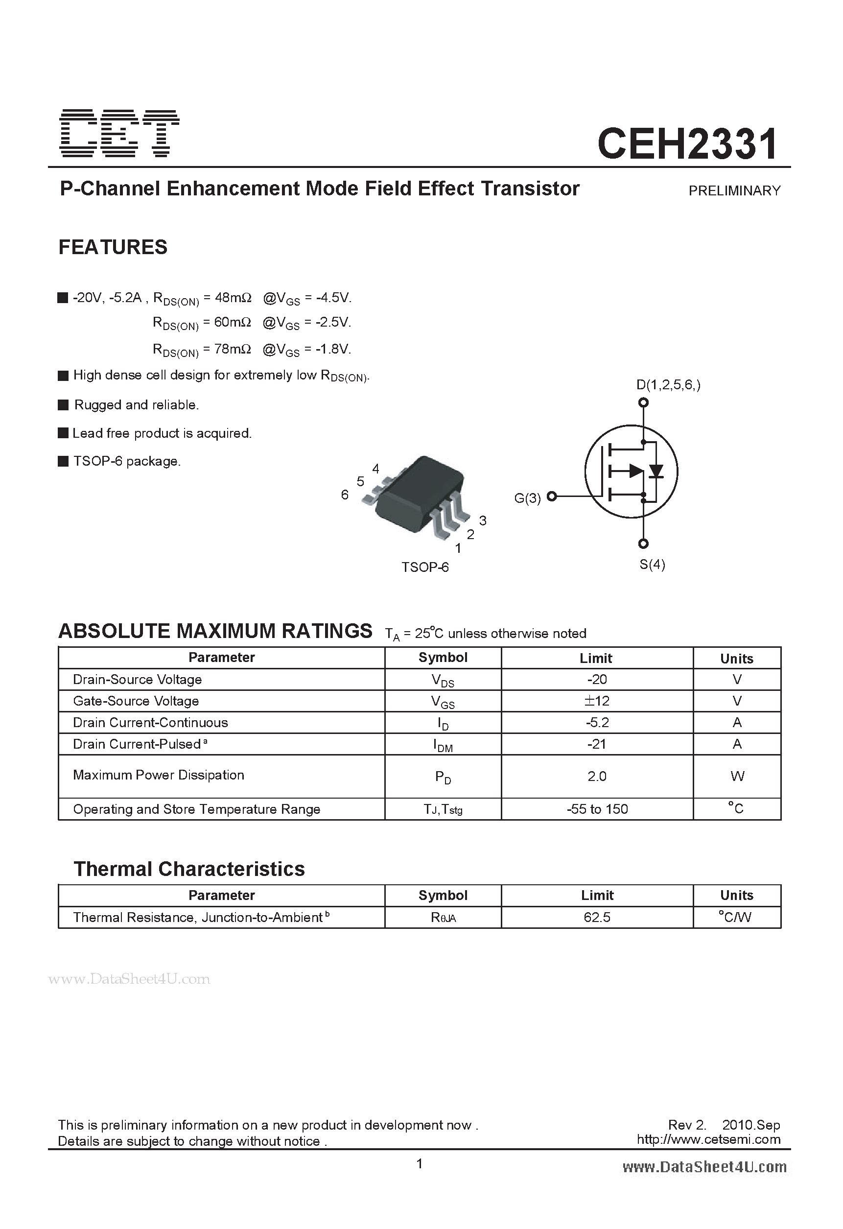 Datasheet CEH2331 - P-Channel Enhancement Mode Field Effect Transistor page 1