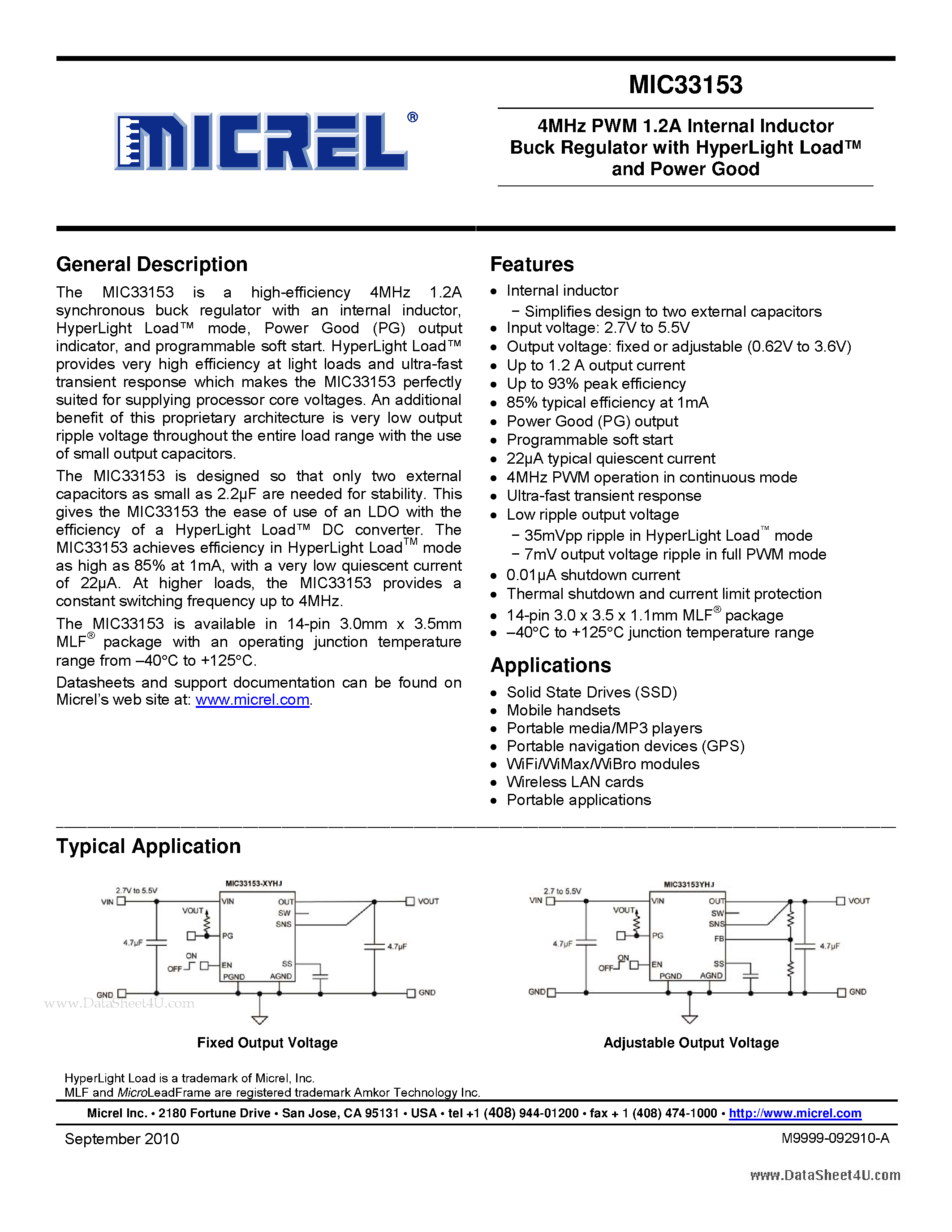 Datasheet MIC33153 - 4MHz PWM 1.2A Internal Inductor Buck Regulator page 1