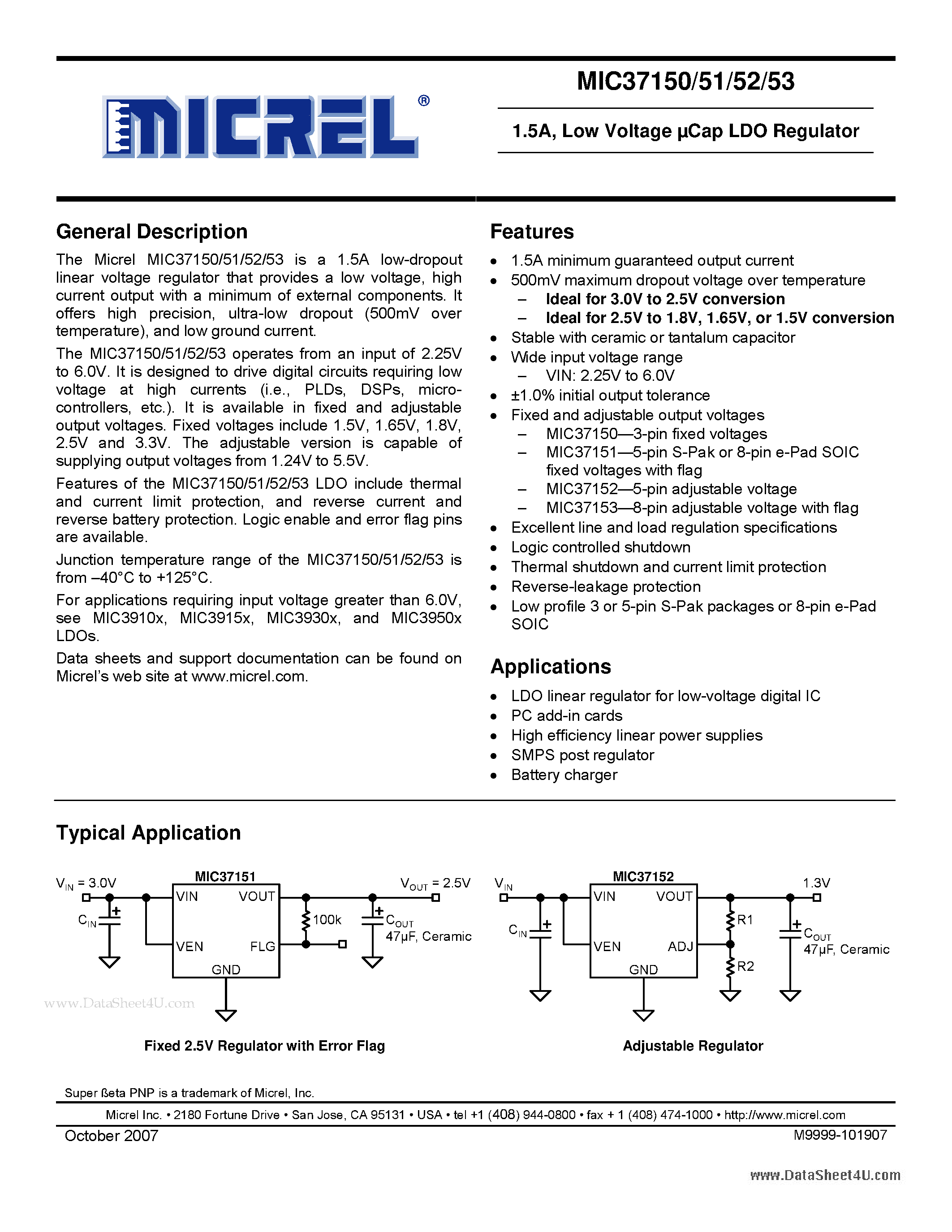 Datasheet MIC37150 - 1.5A / Low Voltage uCap LDO Regulator page 1