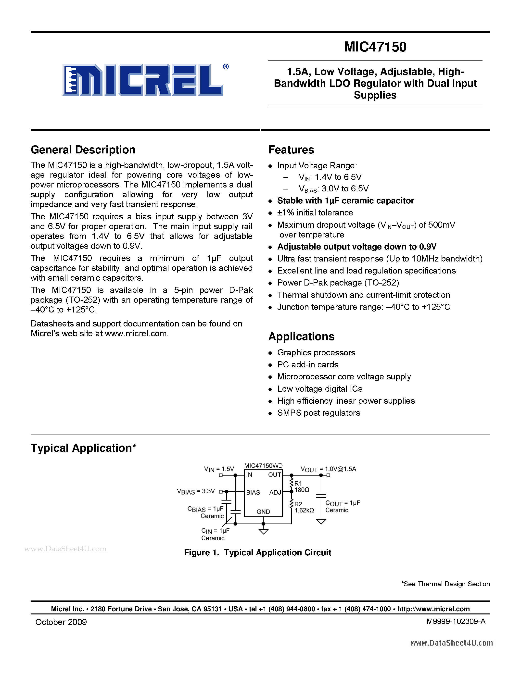Datasheet MIC47150 - 1.5A / Low Voltage Adjustable High-Bandwidth LDO Regulator page 1