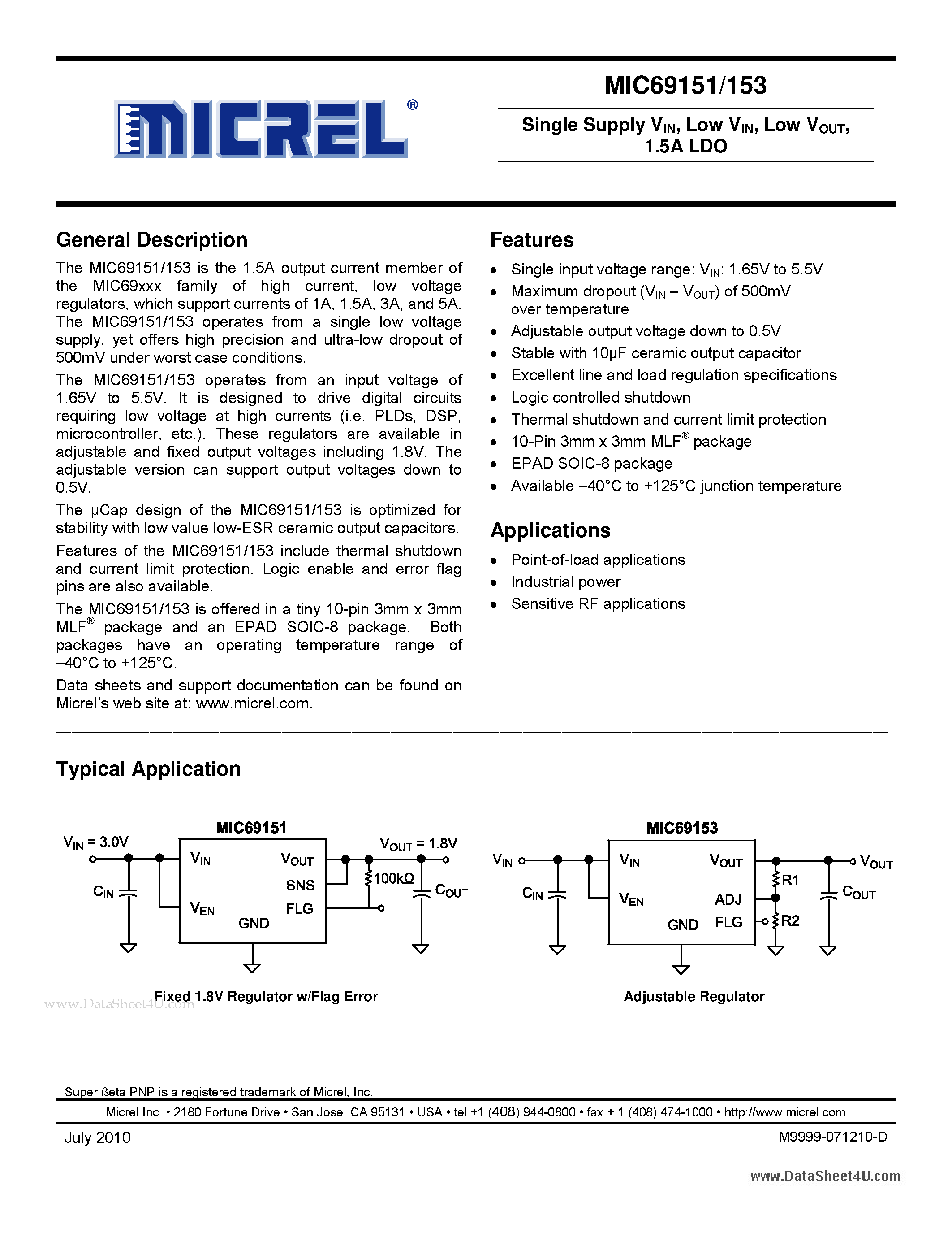 Datasheet MIC69151 - Single Supply VIN / LOW VIN / LOW VOUT / 1.5A LDO page 1