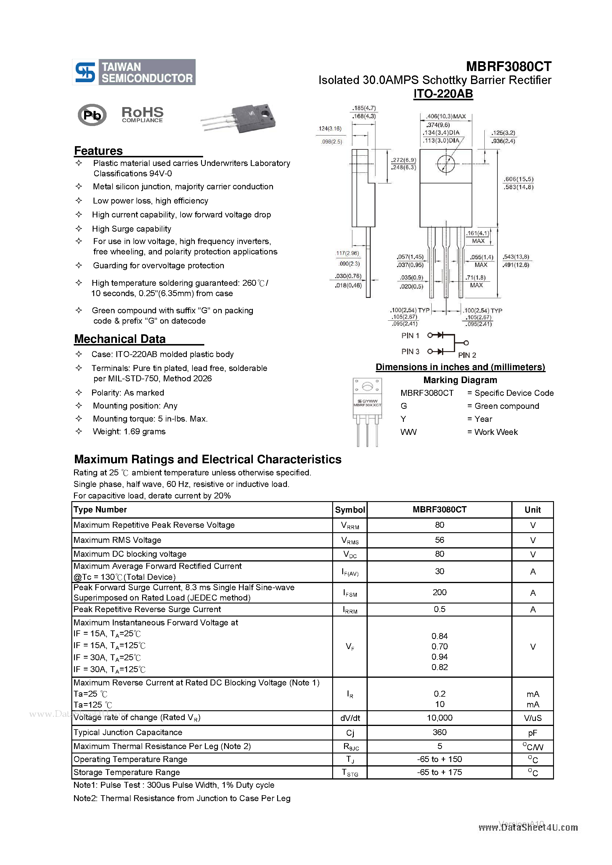 Даташит MBRF3080CT - Isolated 30.0AMPS Schottky Barrier Rectifier страница 1