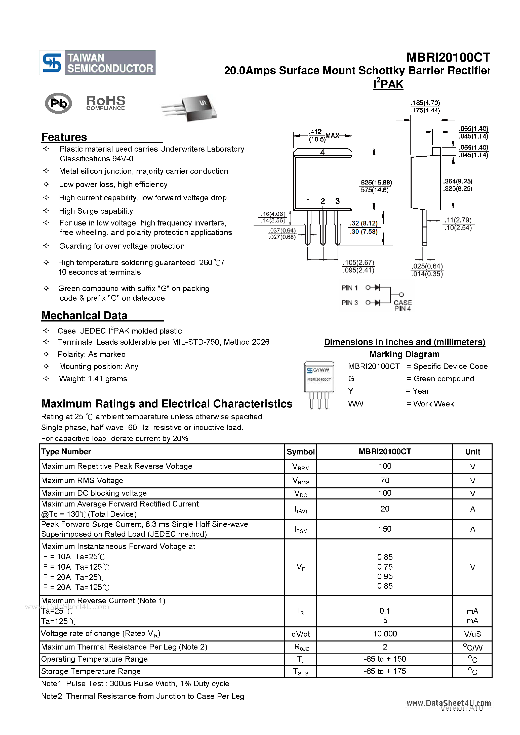 Даташит MBRI20100CT - 20.0Amps Surface Mount Schottky Barrier Rectifier страница 1