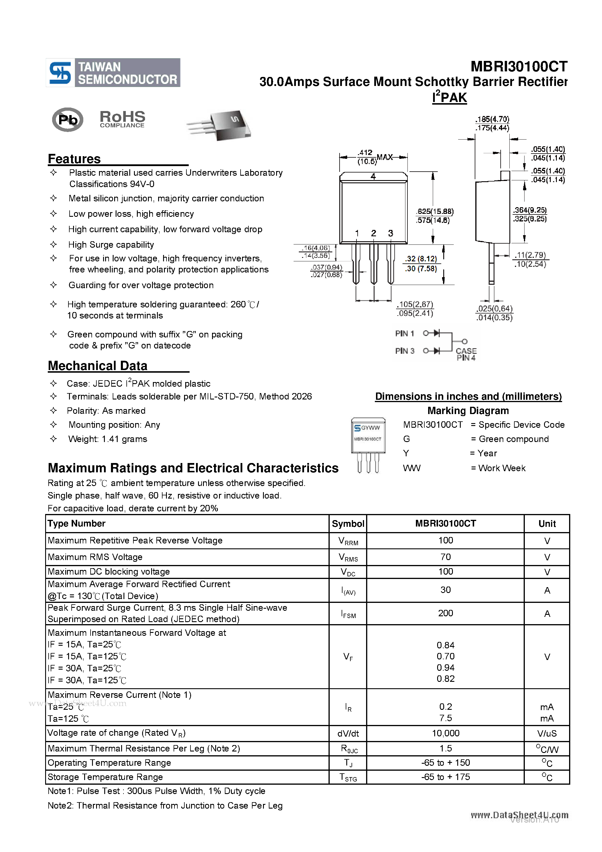 Даташит MBRI30100CT - 30.0Amps Surface Mount Schottky Barrier Rectifier страница 1