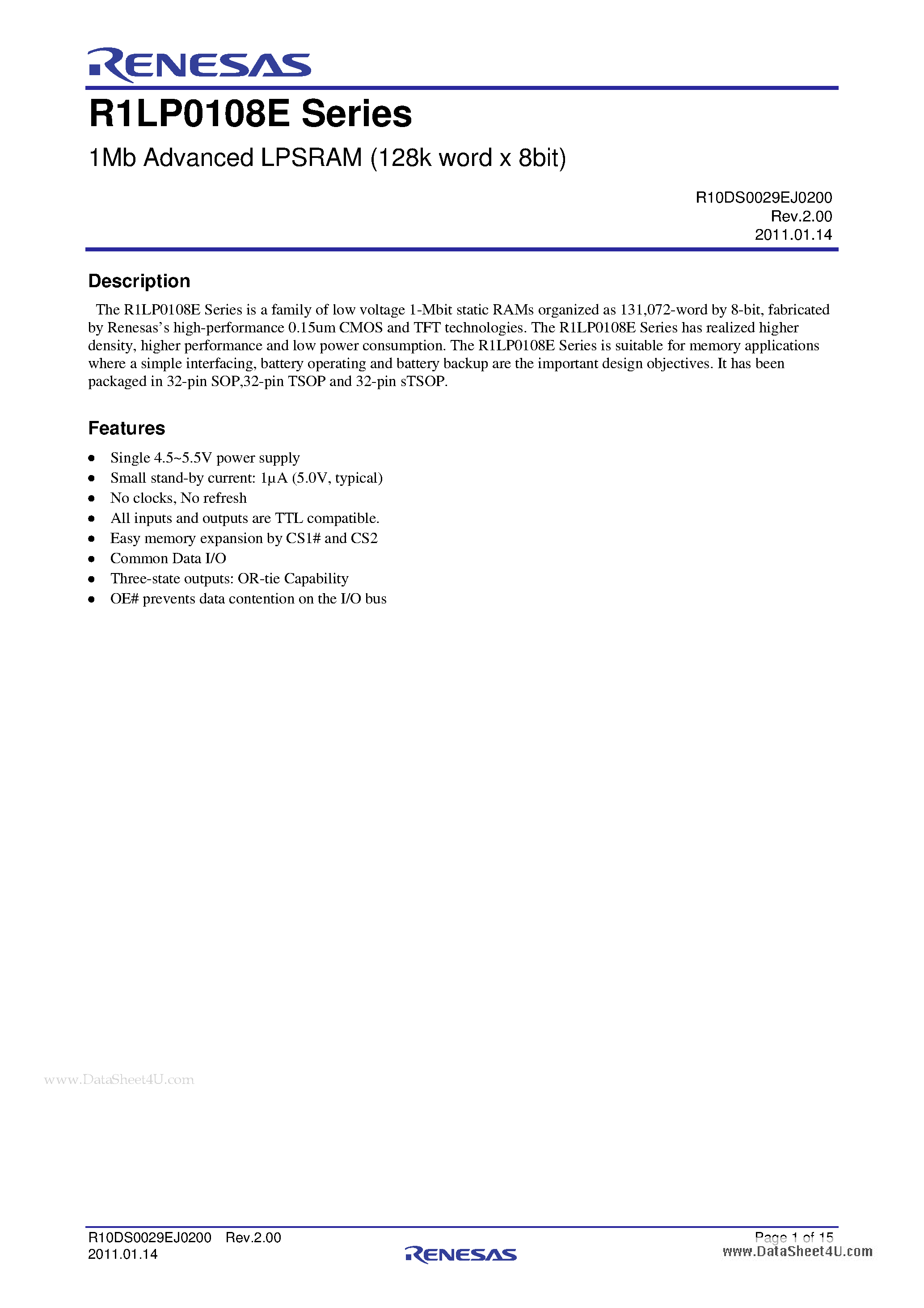 Datasheet R1LP0108E - 1Mb Advanced LPSRAM (128k word x 8bit) page 1