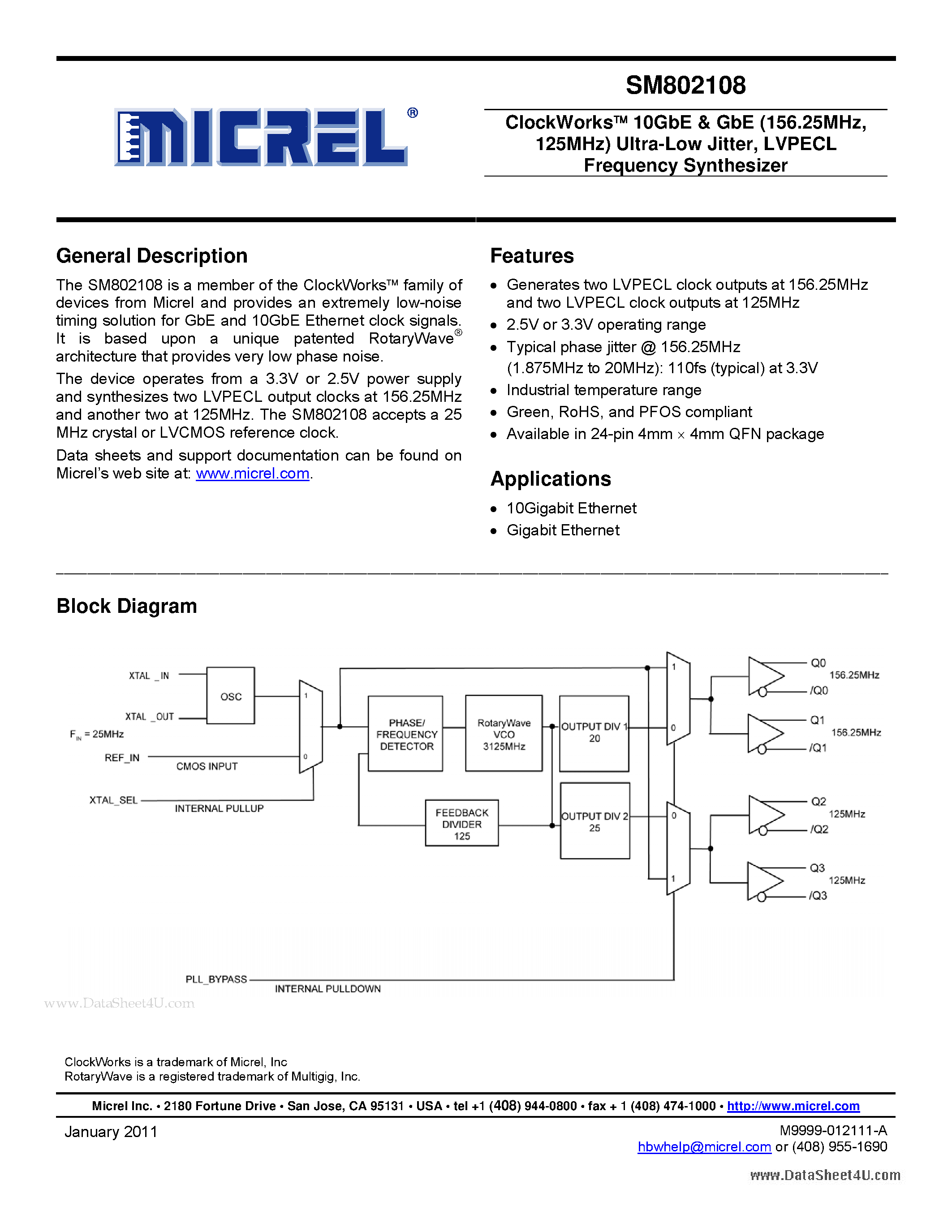 Datasheet SM802108 - ClockWorks 10GbE & GbE (156.25MHz 125MHz) Ultra-Low Jitter - LVPECL Frequency Synthesizer page 1