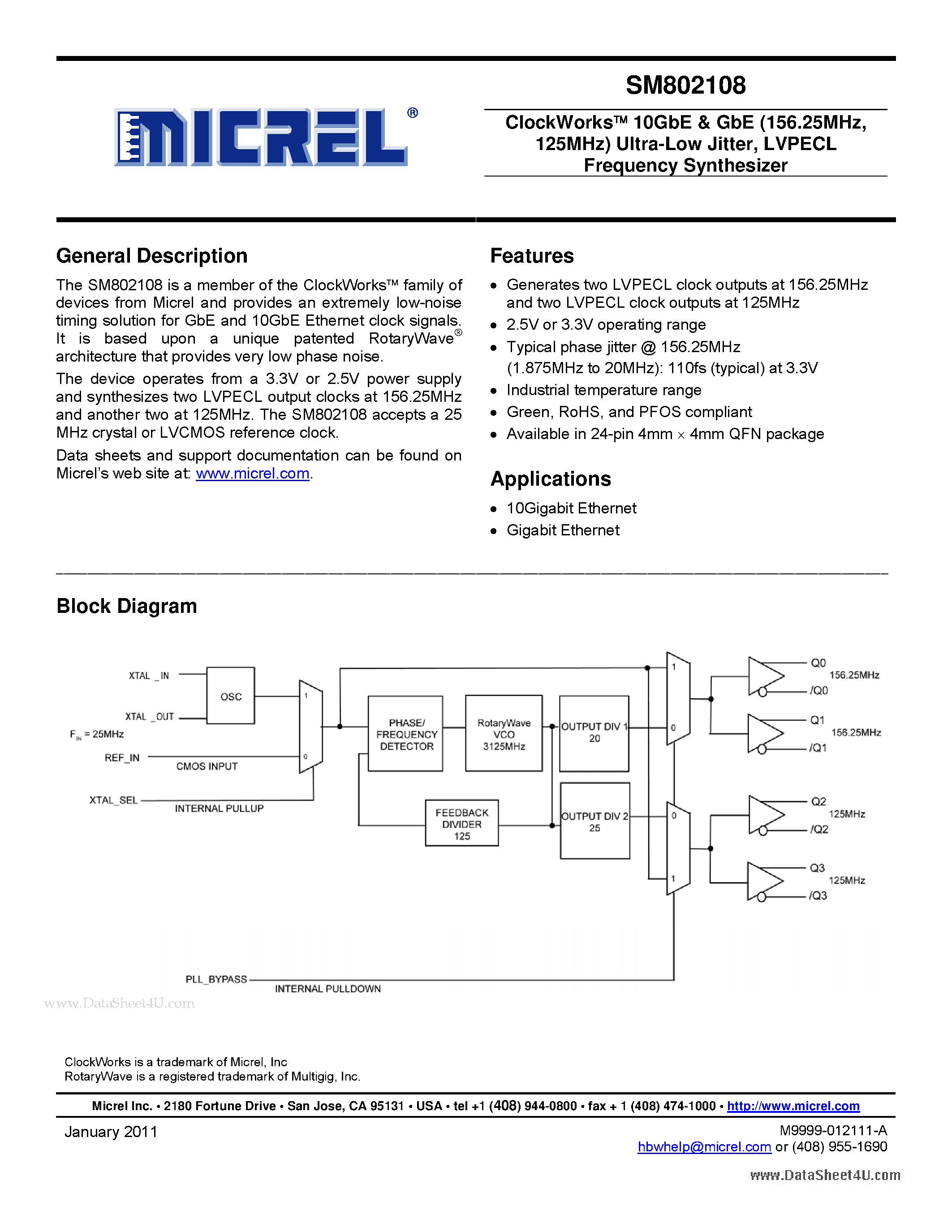 Даташит SM802108 - ClockWorks 10GbE & GbE (156.25MHz 125MHz) Ultra-Low Jitter - LVPECL Frequency Synthesizer страница 1