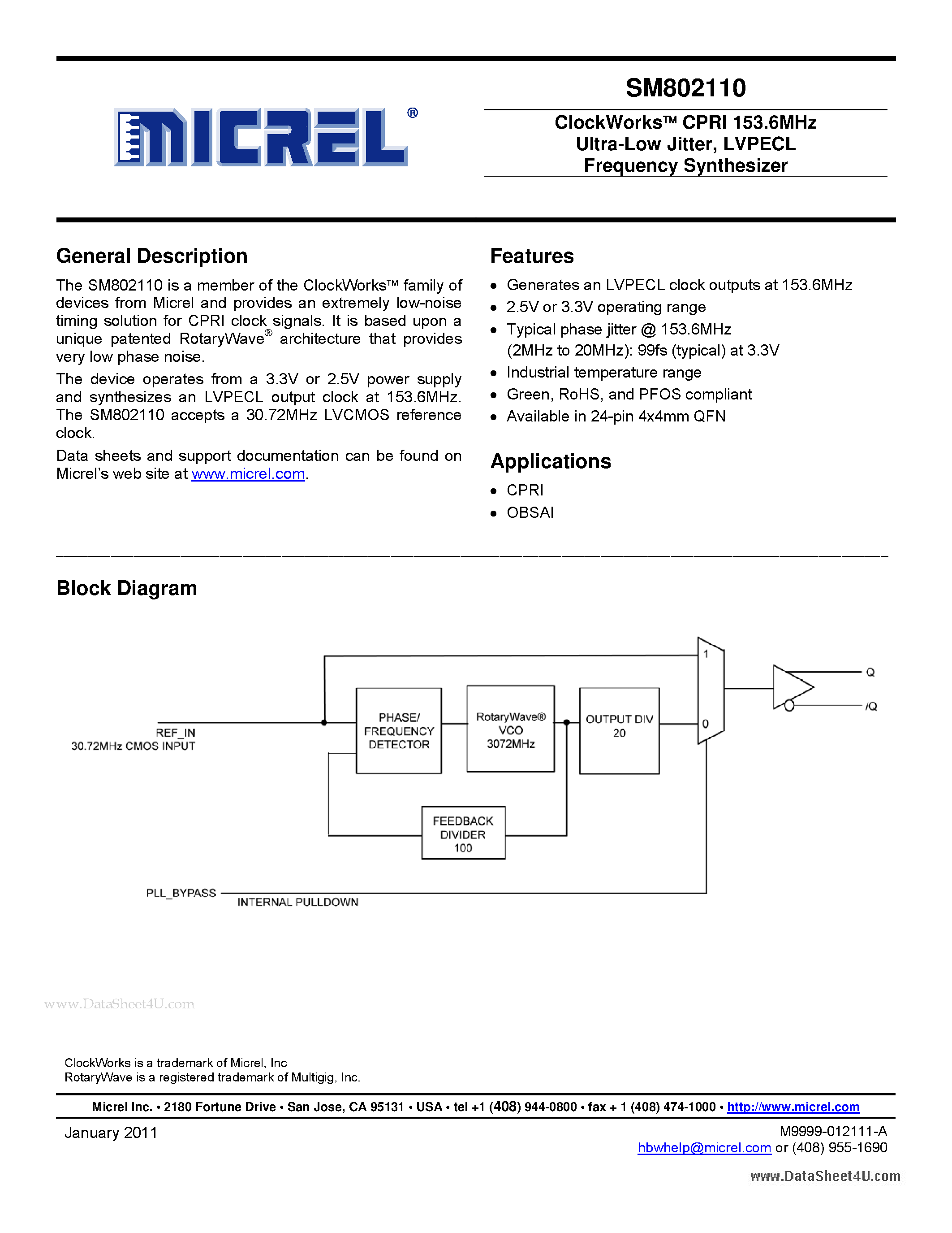 Datasheet SM802110 - ClockWorks CPRI 153.6MHz Ultra-Low Jitter - LVPECL Frequency Synthesizer page 1