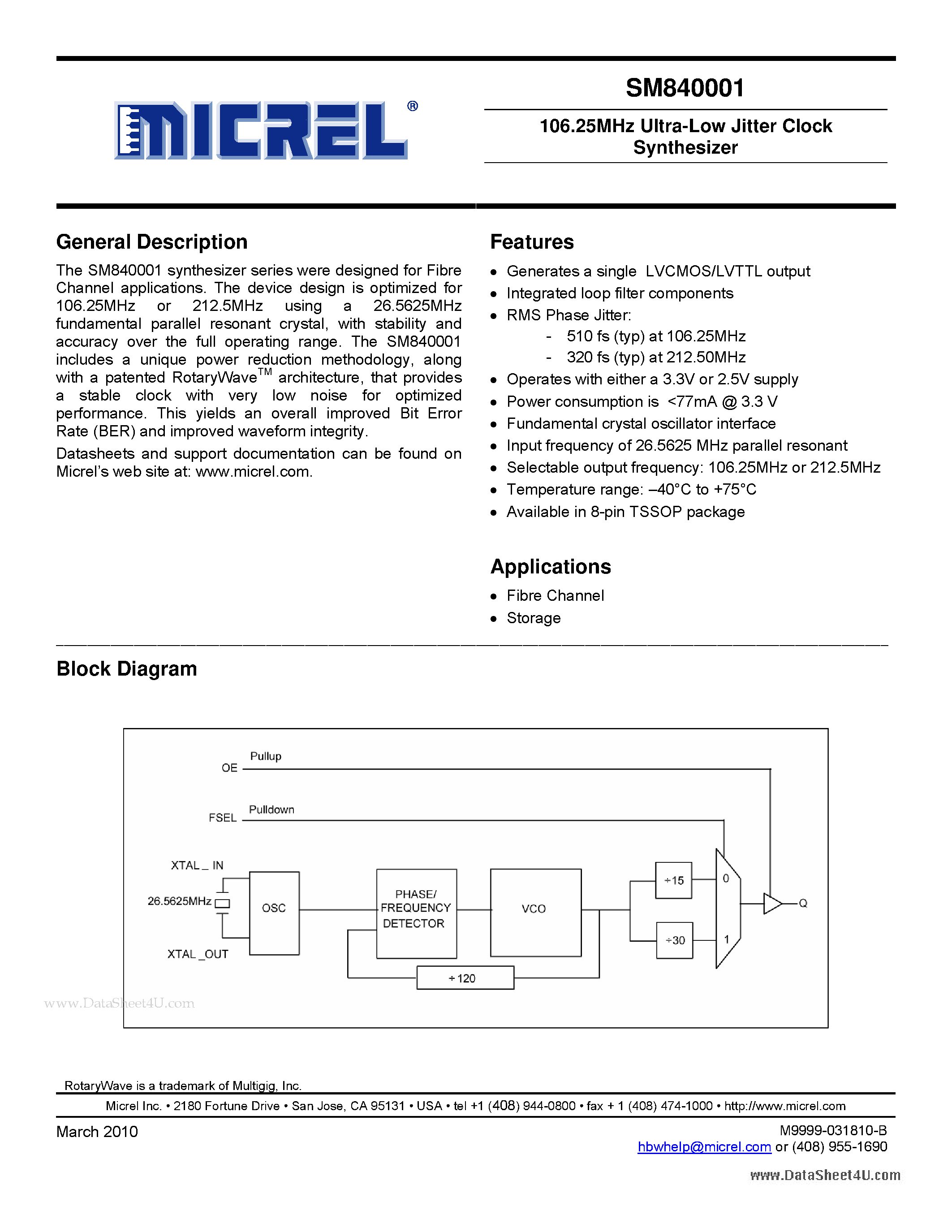 Datasheet SM840001 page 1 Datasheet SM840001 - 106.25MHz Ultra-Low Jitter Clock Synthesizer page 1