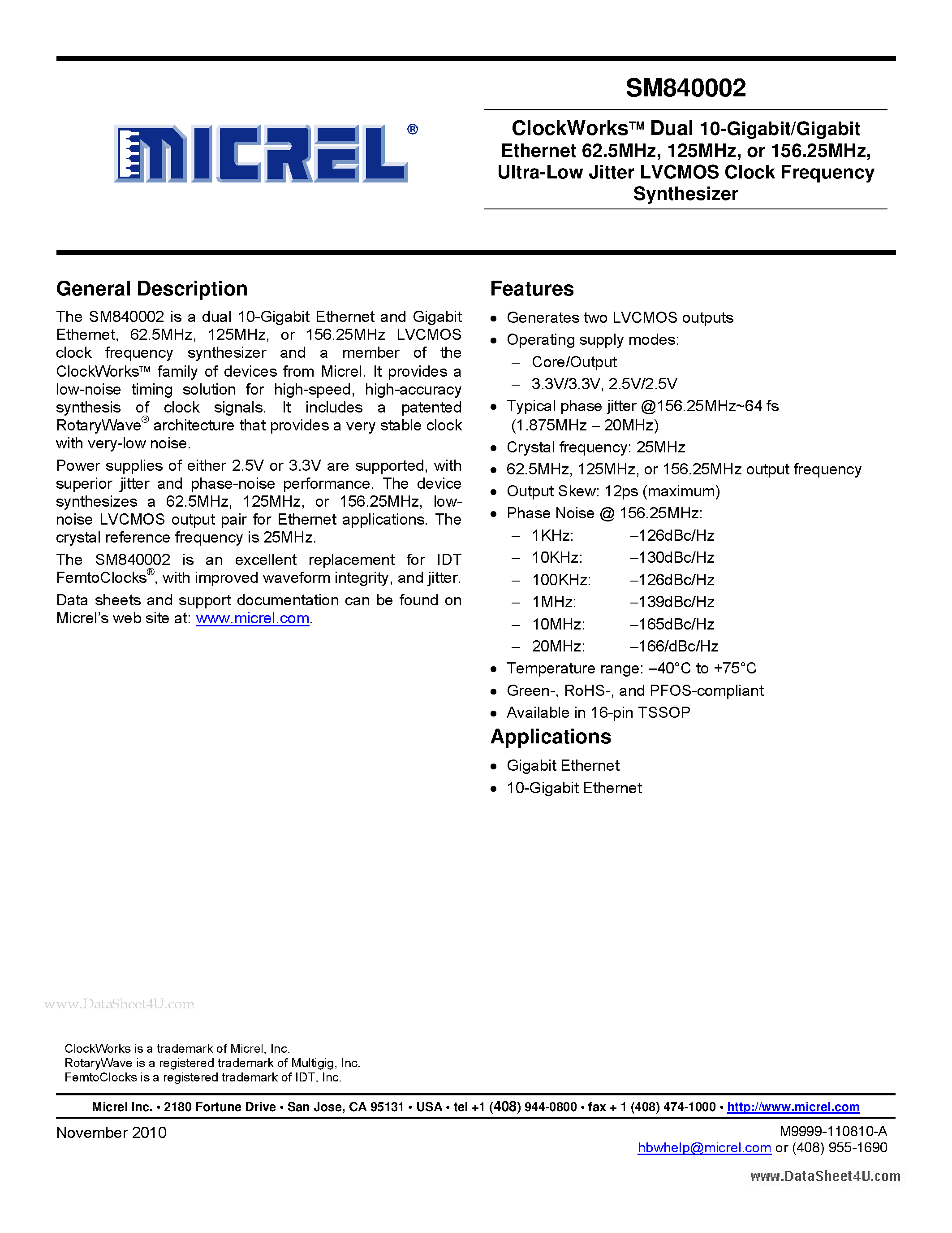 Datasheet SM840002 page 1 Datasheet SM840002 - Ultra-Low Jitter LVCMOS Clock Frequency Synthesizer page 1
