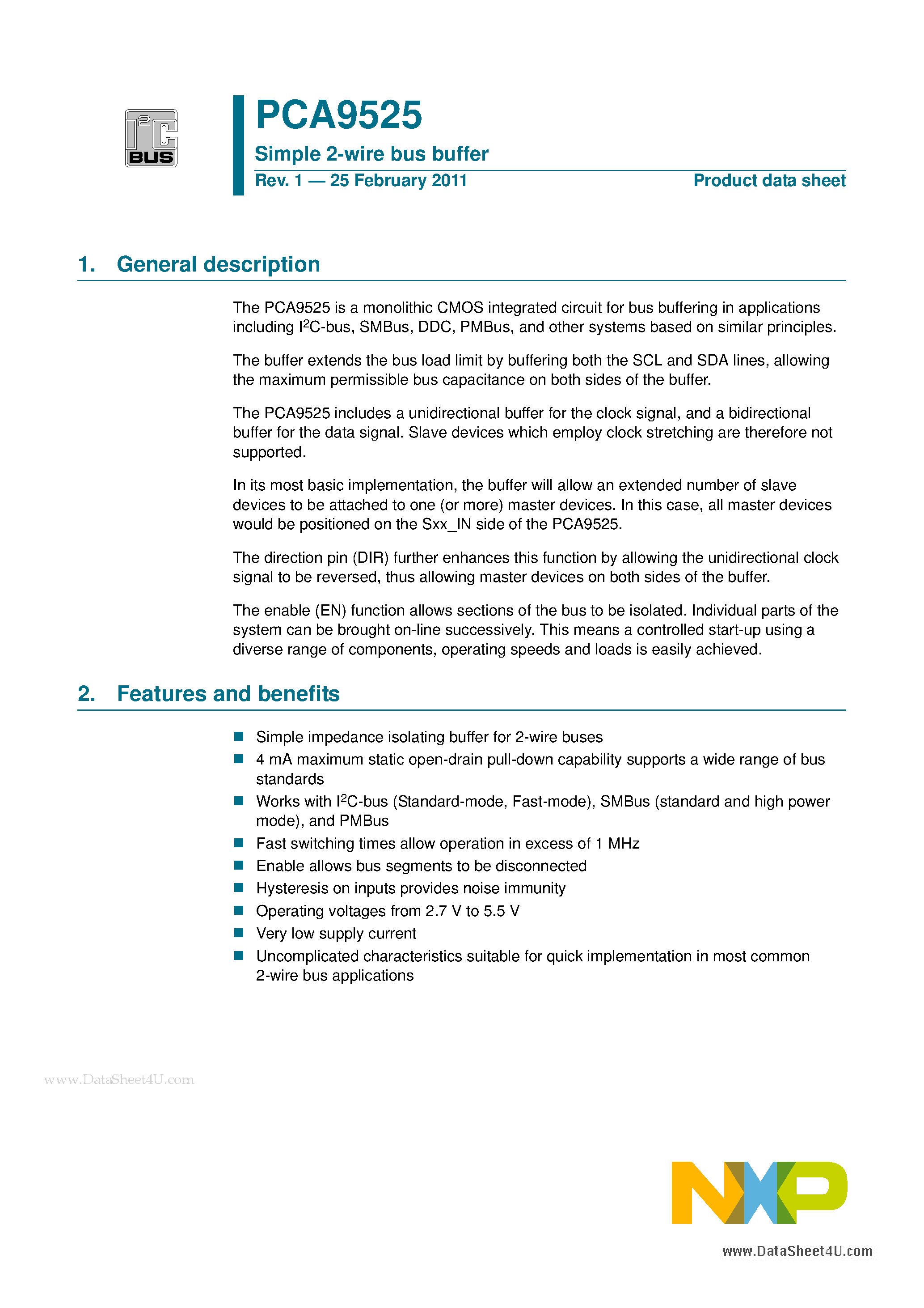 Datasheet PCA9525 - Simple 2-wire bus buffer page 1
