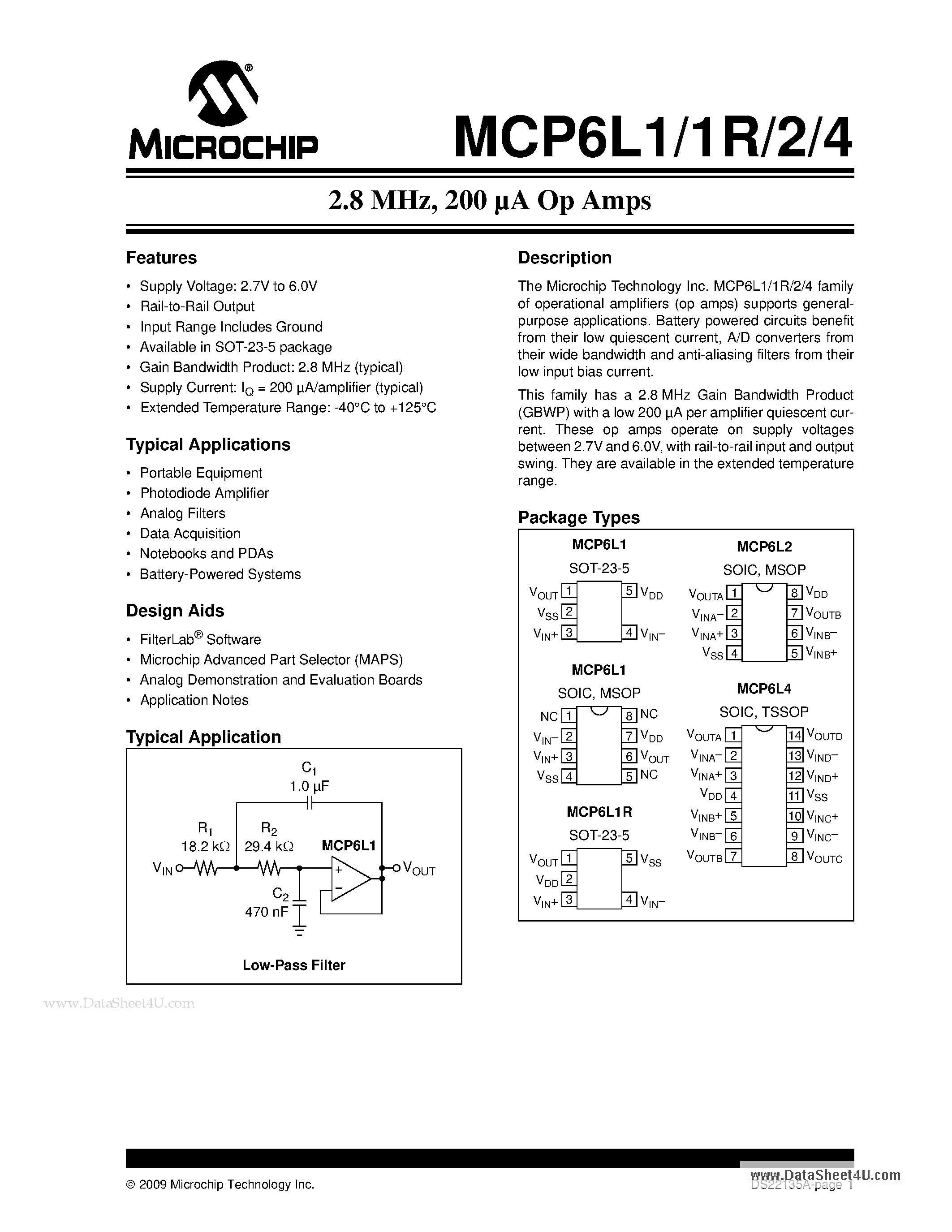 Datasheet MCP6L1 - 2.8 MHz - 200 uA Op Amps page 1