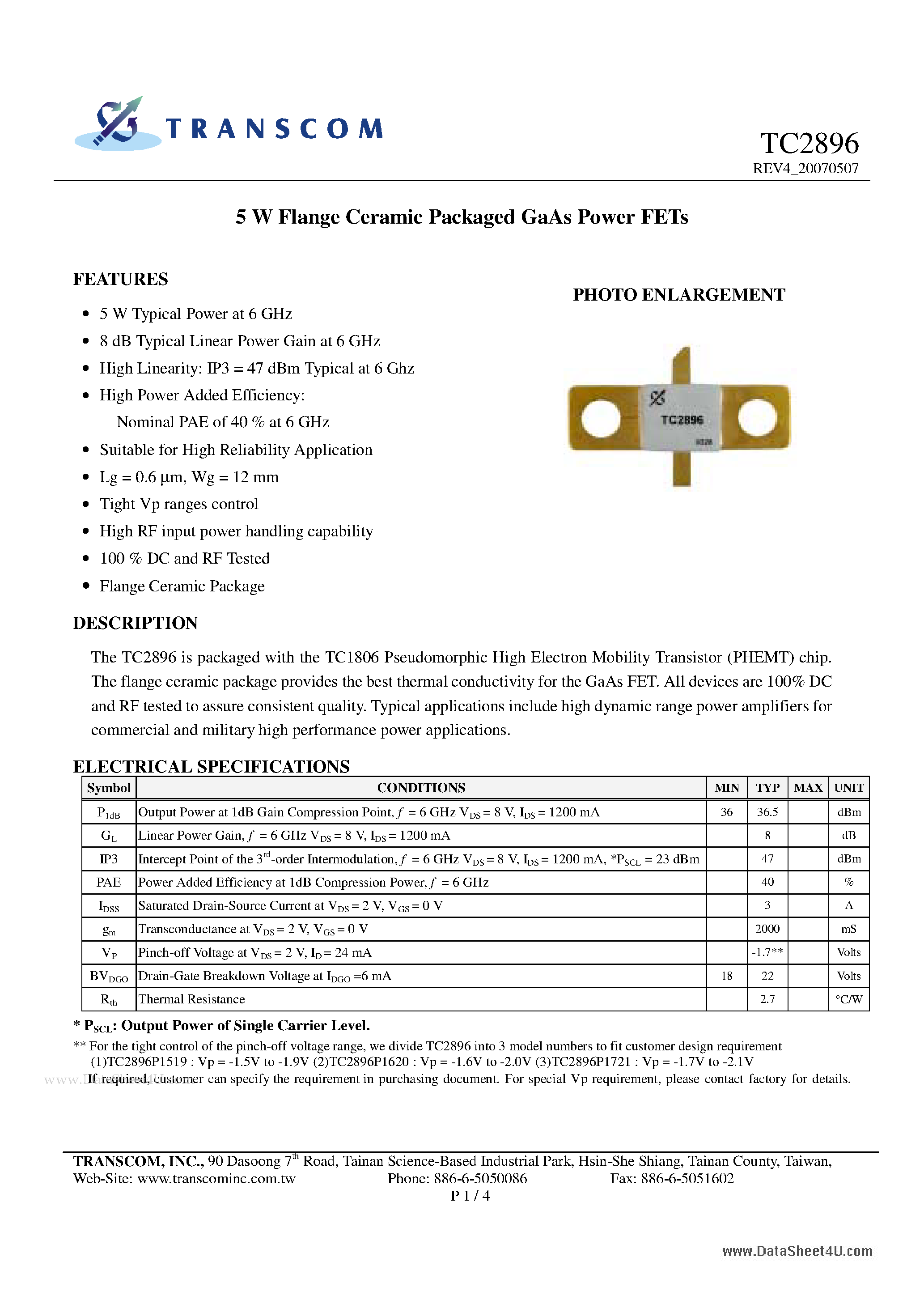 Datasheet TC2896 - 5 W Flange Ceramic Packaged GaAs Power FETs page 1