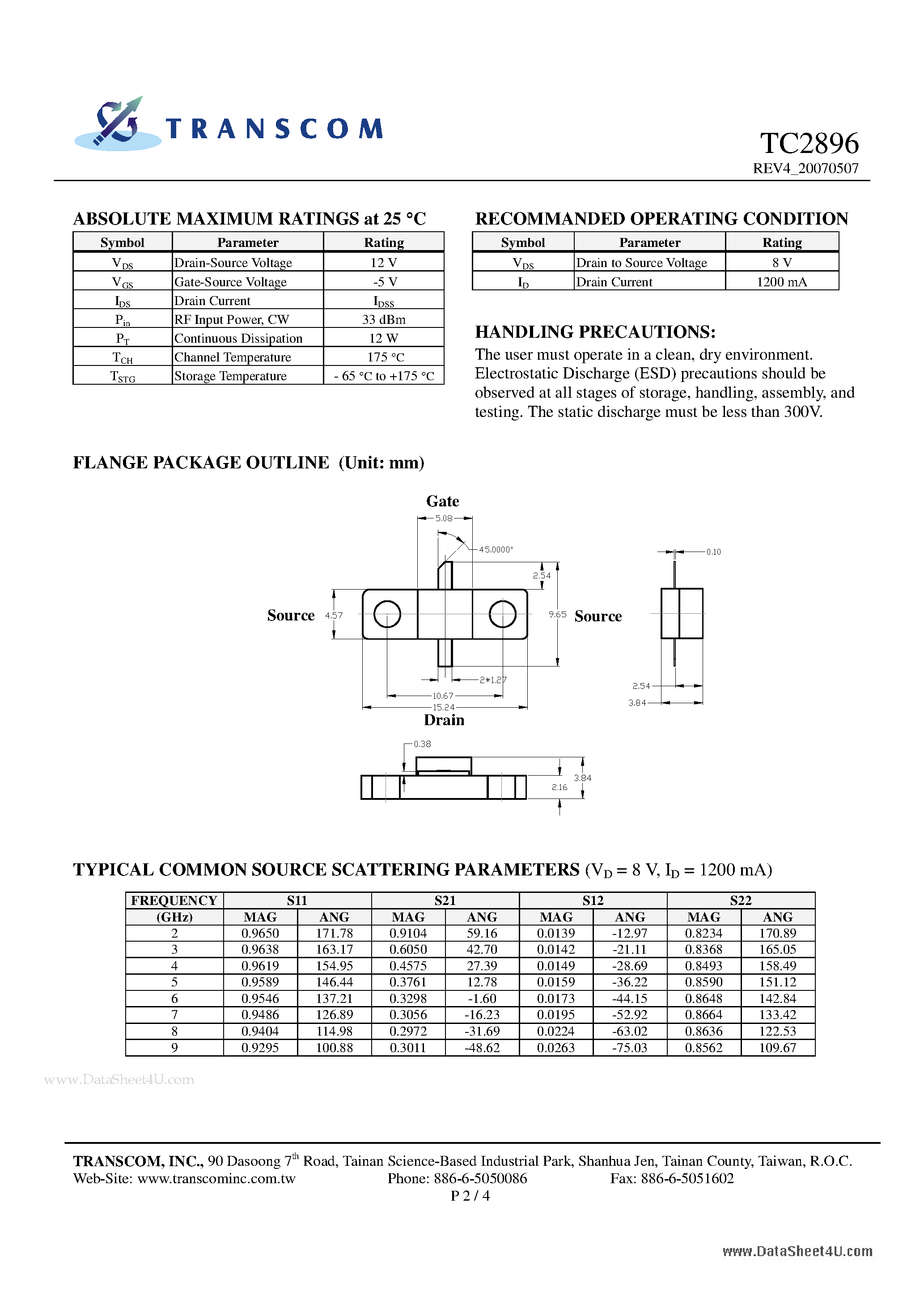 Даташит на микросхему TC2896 страница 2 Даташит TC2896 - 5 W Flange Ceramic Packaged GaAs Power FETs страница 2
