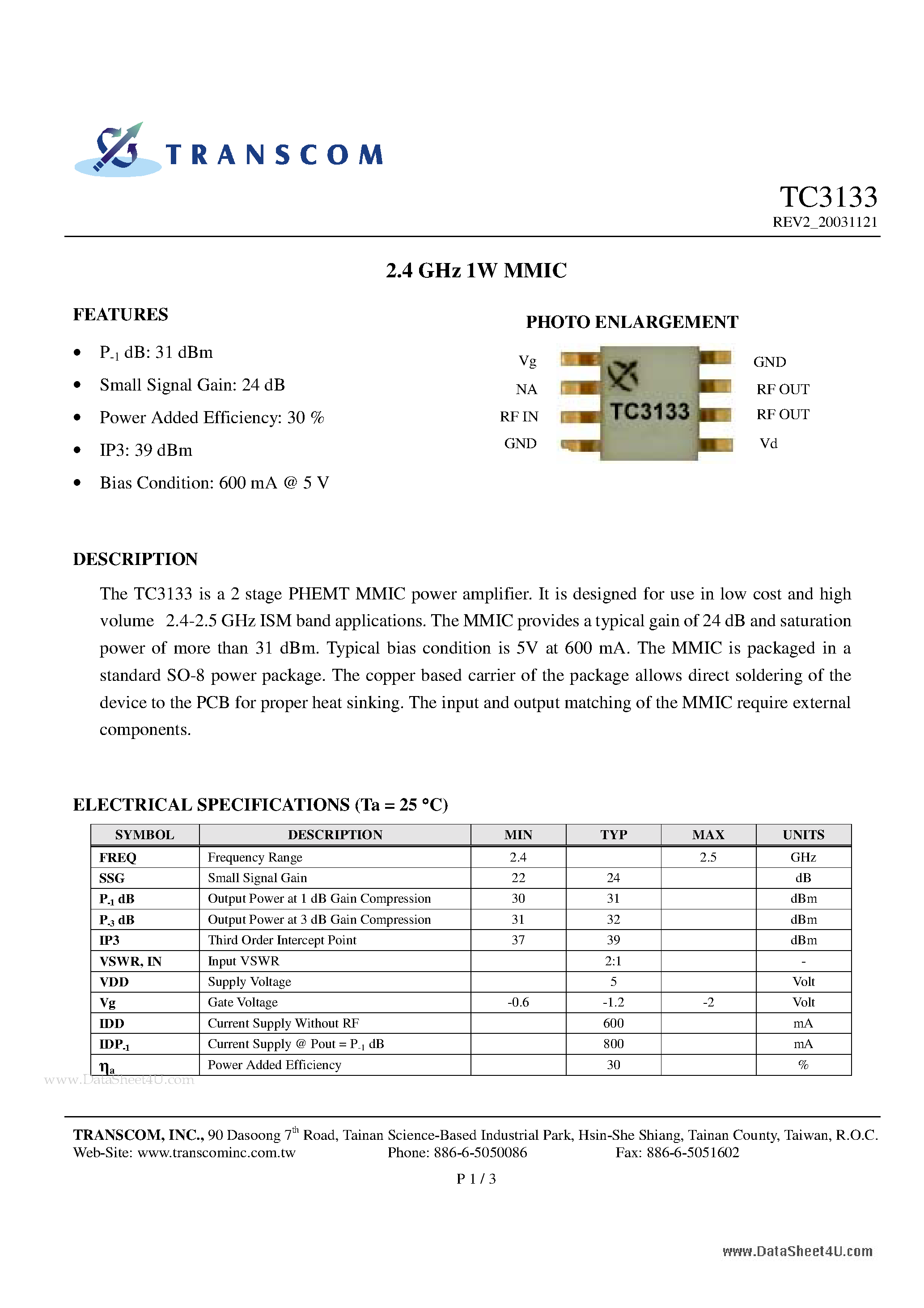 Даташит на микросхему TC3133 страница 1 Даташит TC3133 - 2.4 GHz 1W MMIC страница 1