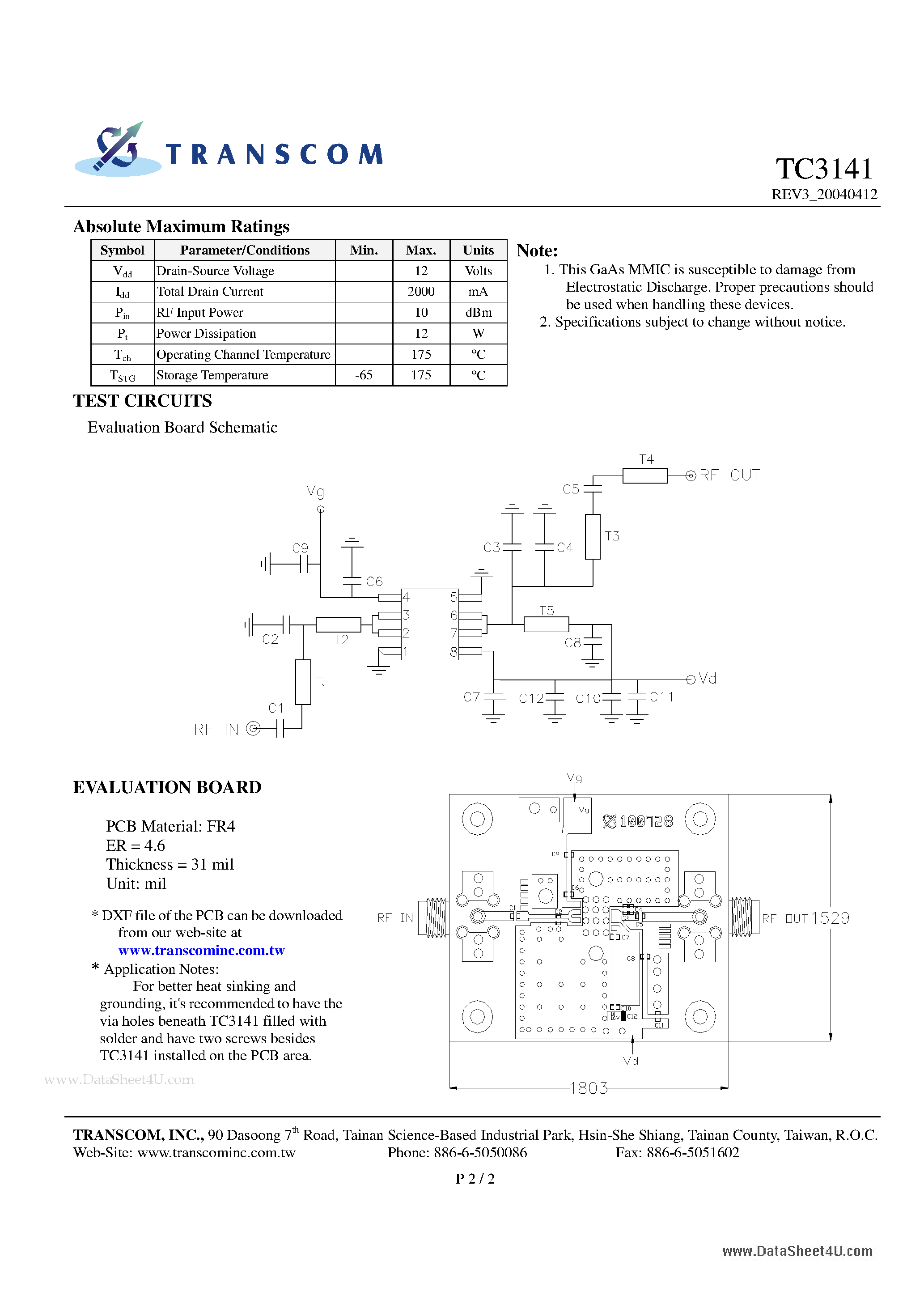 Datasheet TC3141 page 2 Datasheet TC3141 - 2.4 GHz 2W MMIC page 2