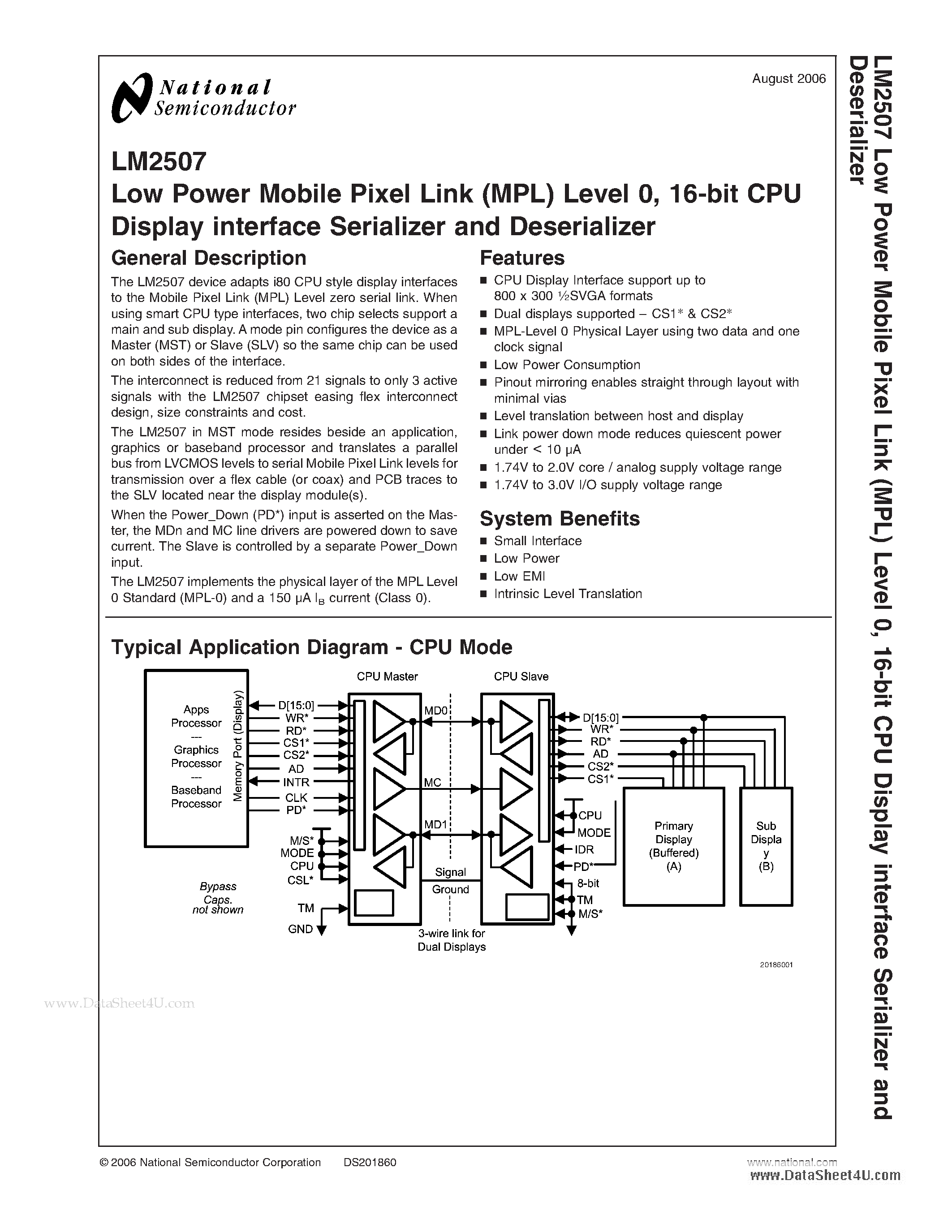 Даташит LM2507 - Low Power Mobile Pixel Link (MPL) Level 0 / 16-bit CPU Display interface Serializer and Deserializer страница 1